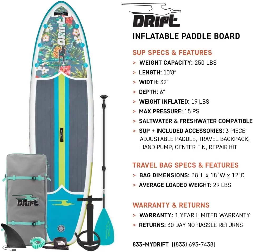 Drift Aero Inflatable Stand Up Paddle Board - SUP Paddle Board & Accessories, Including Pump, Paddle, and More - Native Floral, Adult, 10'8