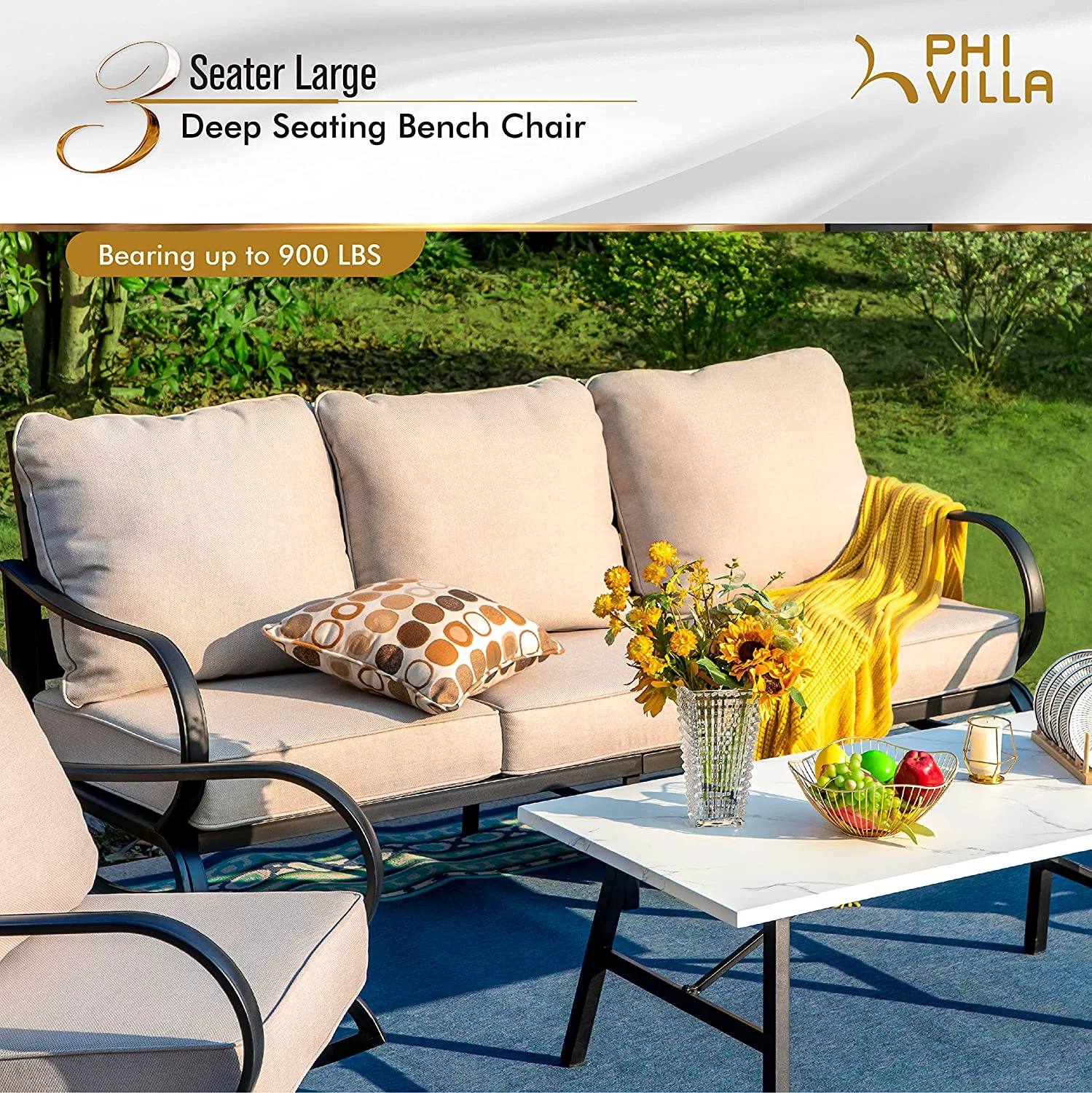 Perfect VILLA 4 Piece Patio Conversation Sets  Outdoor Deluxe Metal Furniture Patio Set with 3 Seater Padded Deep Seating Bench  2 Swivel Cushioned Armrest Sofa Chairs  and 1 Good-Looking