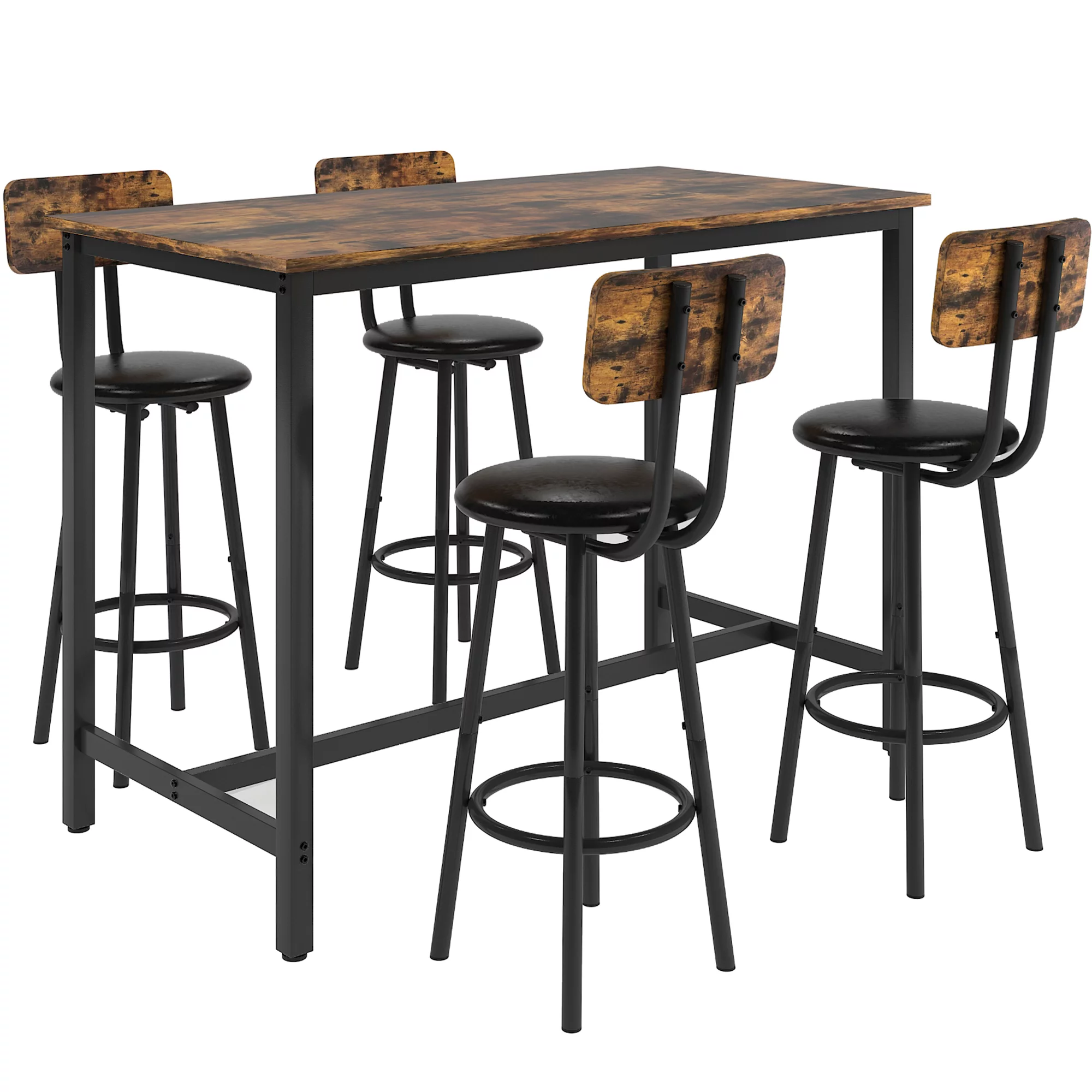 Paproos 5 Piece Dining Table Set, Bar Height Kitchen Table and Upholstered Stools with Backrest, Wooden Table Top and Metal Frame, Farmhouse Dinette Set for Dining Room Breakfast Nook, Rustic Brown