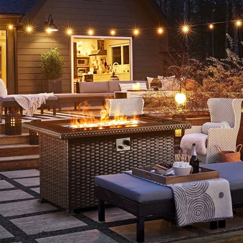 Homrest Aluminum Fire Pit Table, Propane Fire Table for Outside,44in 50,000 BTU Auto-Ignition Fire Table w/ CSA Certification,Hand-Painted Table Top, Wind Guard,Cover,Glass Beads(Black)