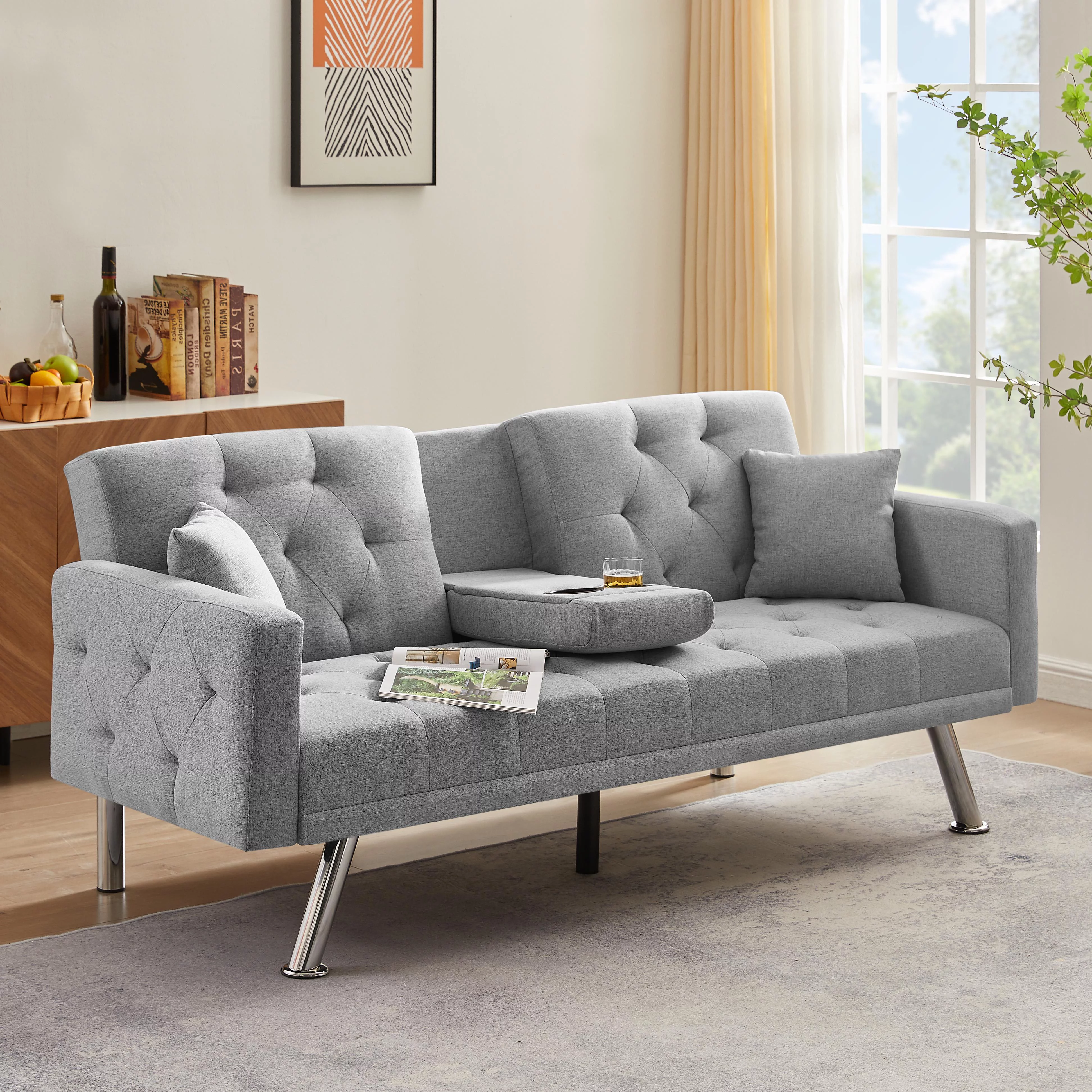 HUTWIFE Convertible Linen Futon Sofa Bed Couch ,Upholstered Sofa with Adjustable Backrest and 2 Cupholders, Grey
