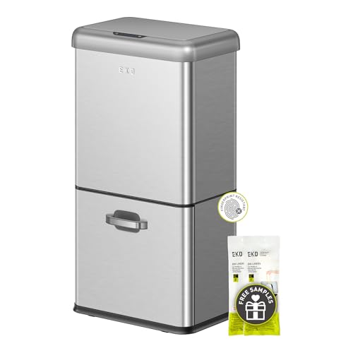 EKO Vintage 50L / 13.2 Gallon Motion Sensor Trash Can, Dual Compartment 32L + 18L Stainless Steel Kitchen Garbage Bin, Touchless Automatic Waste & Recycling Bin with Lid for Home or Office