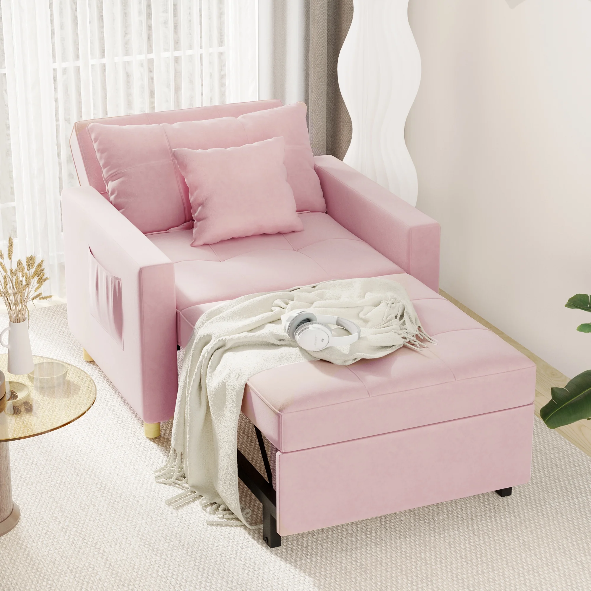 YODOLLA 40 Inch Sleeper Chair Bed 3-in-1 Convertible Futon Chair Multi-Functional Sofa Bed Adjustable Reading Chair, Sofa, Bed, with Modern Linen Fabric, Pink