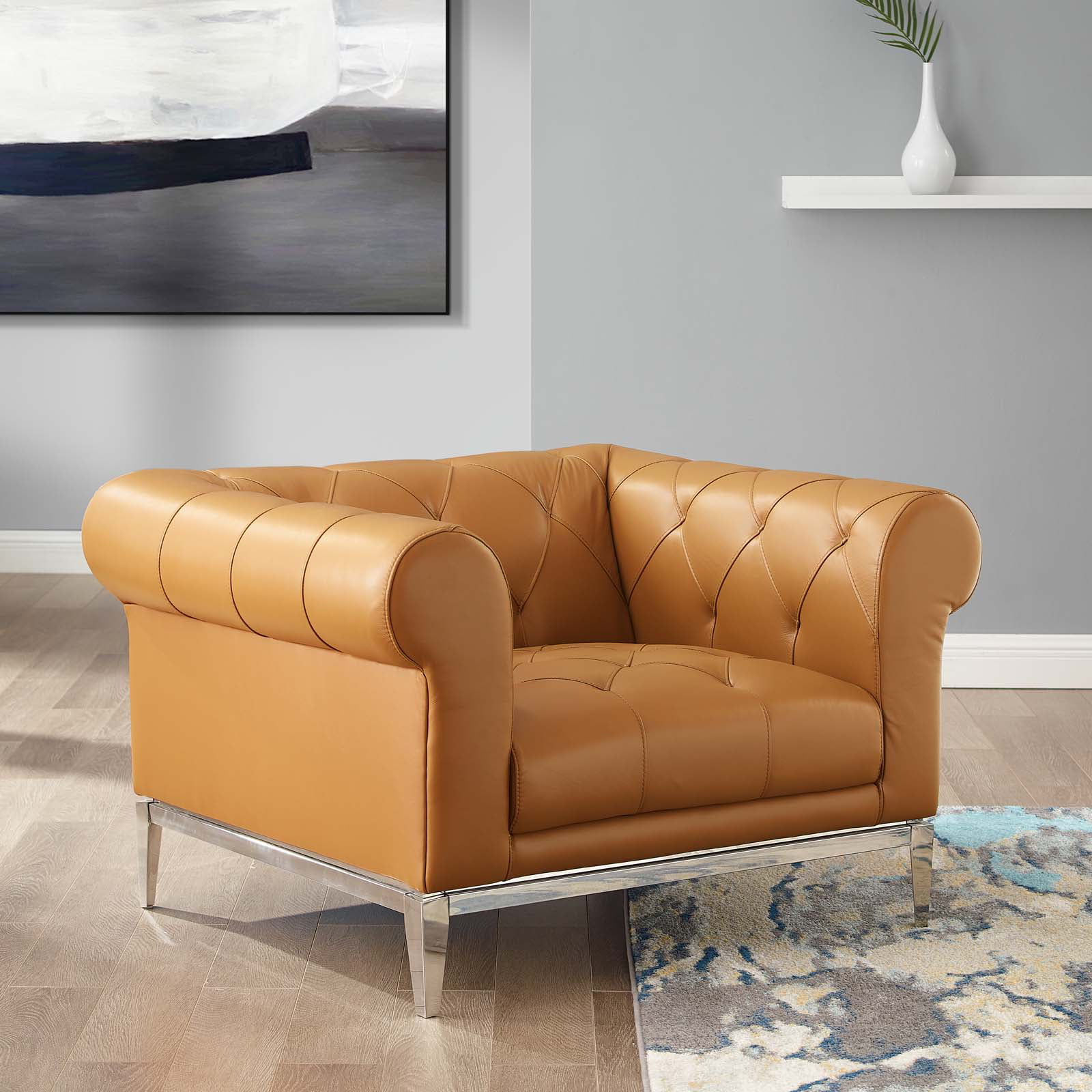 Contemporary Modern Urban Designer Living Room Lounge Club Lobby Armchair Accent Chair, Leather, Tan Brown
