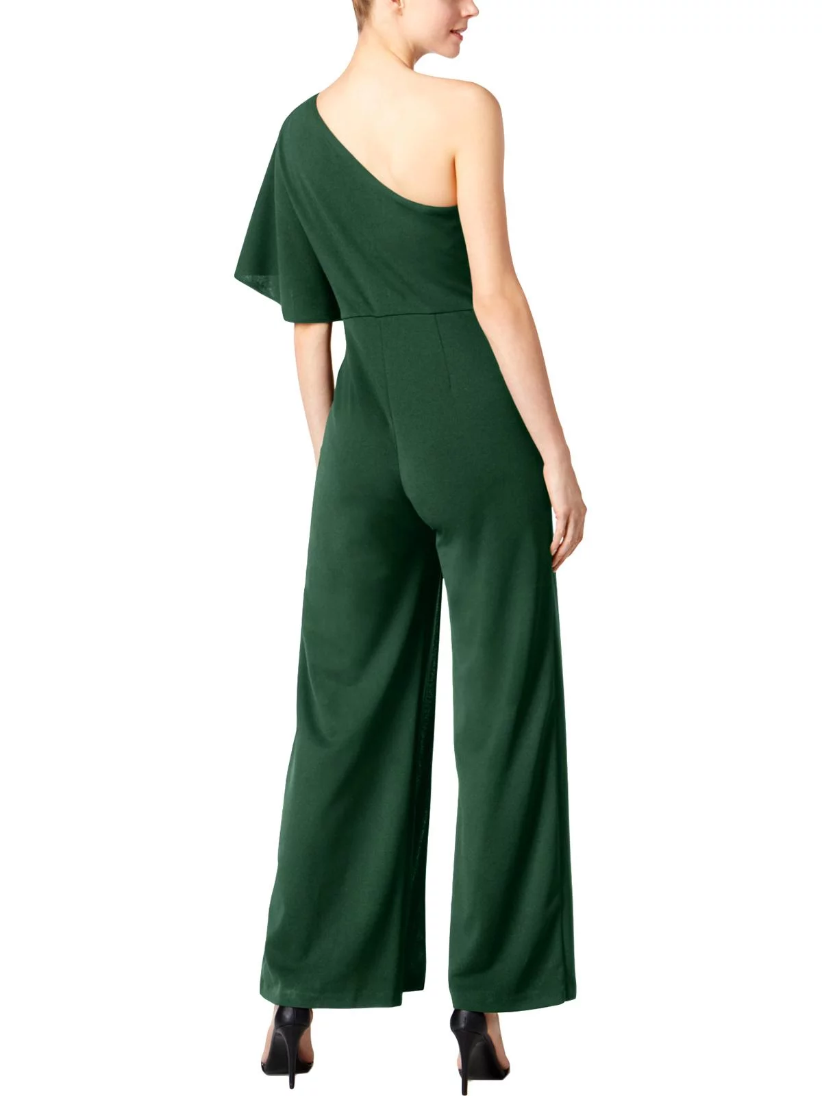 Adrianna Papell Asymmetrical One Shoulder Cape Sleeve Solid Jumpsuit (Petite)-DUSTY EMERALD
