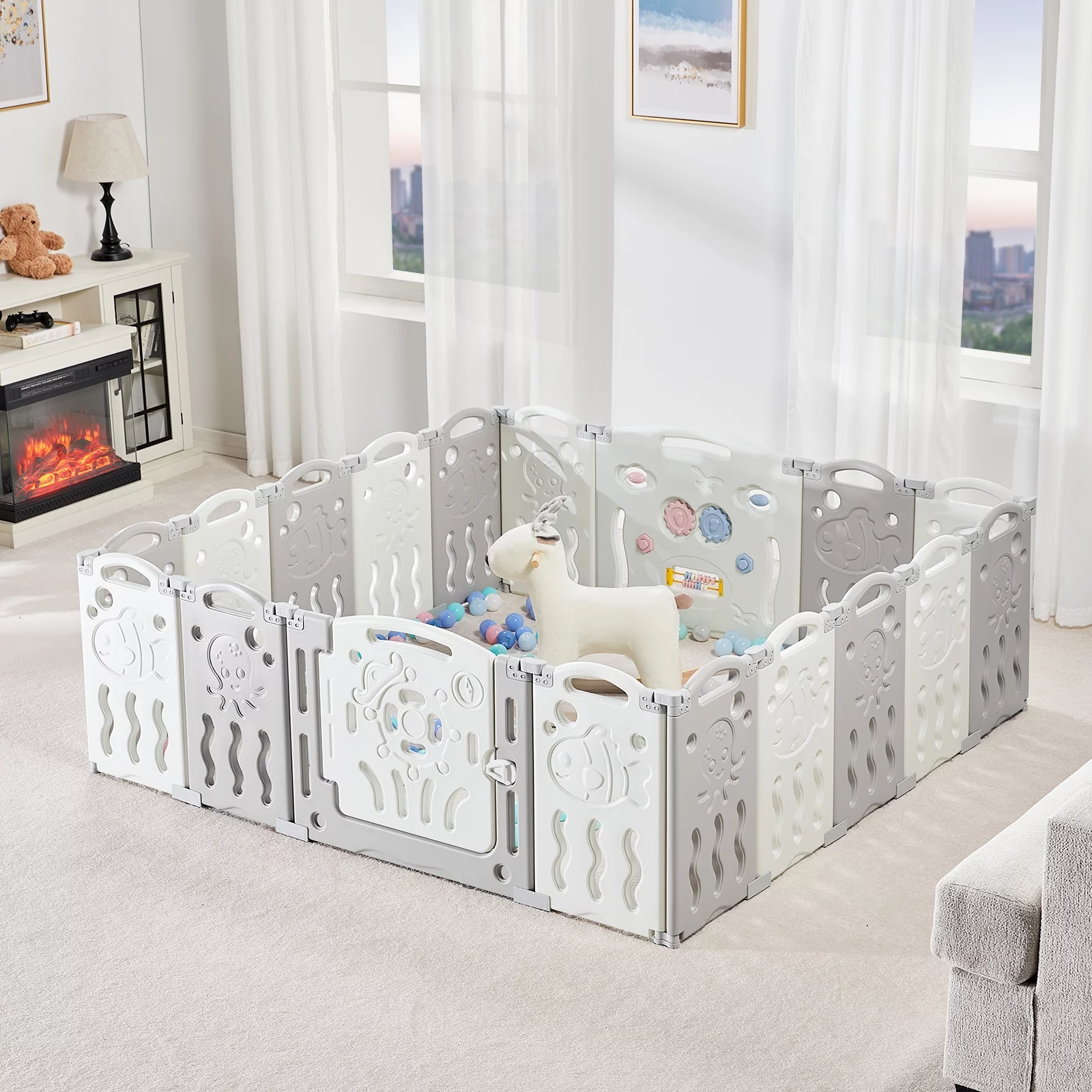 Albott Baby Fence Kid Playpen 18 Panel Albott Play Yard - Foldable Kids Safety Activity Center Playard Safety Lock Gate,Adjustable Shape, Portable Design for Indoor Outdoor Use (Grey+White, 18 Panel)