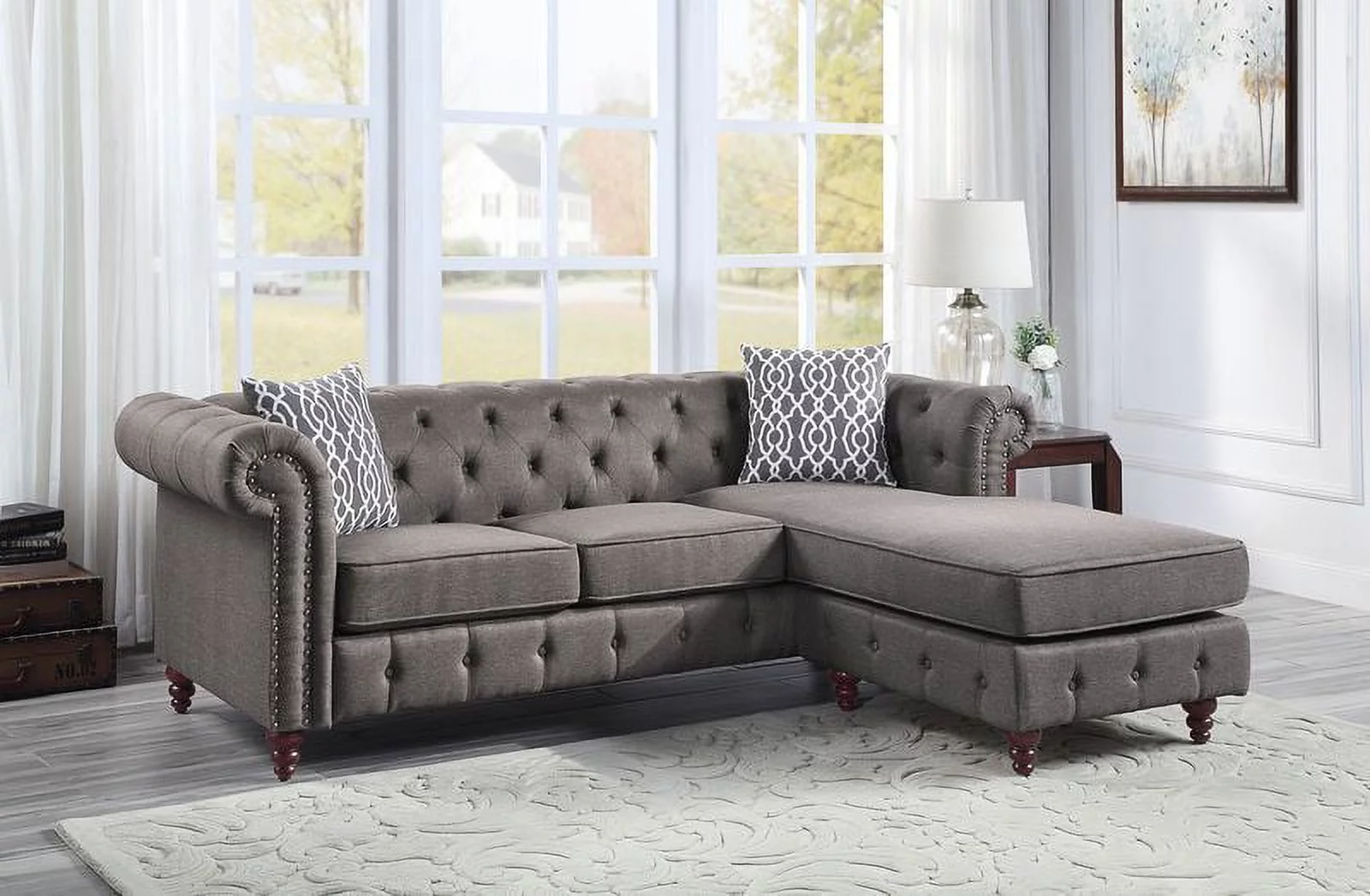L Shape Sectional Gray Fabric Tufted Reversible Modular Living Room Furniture