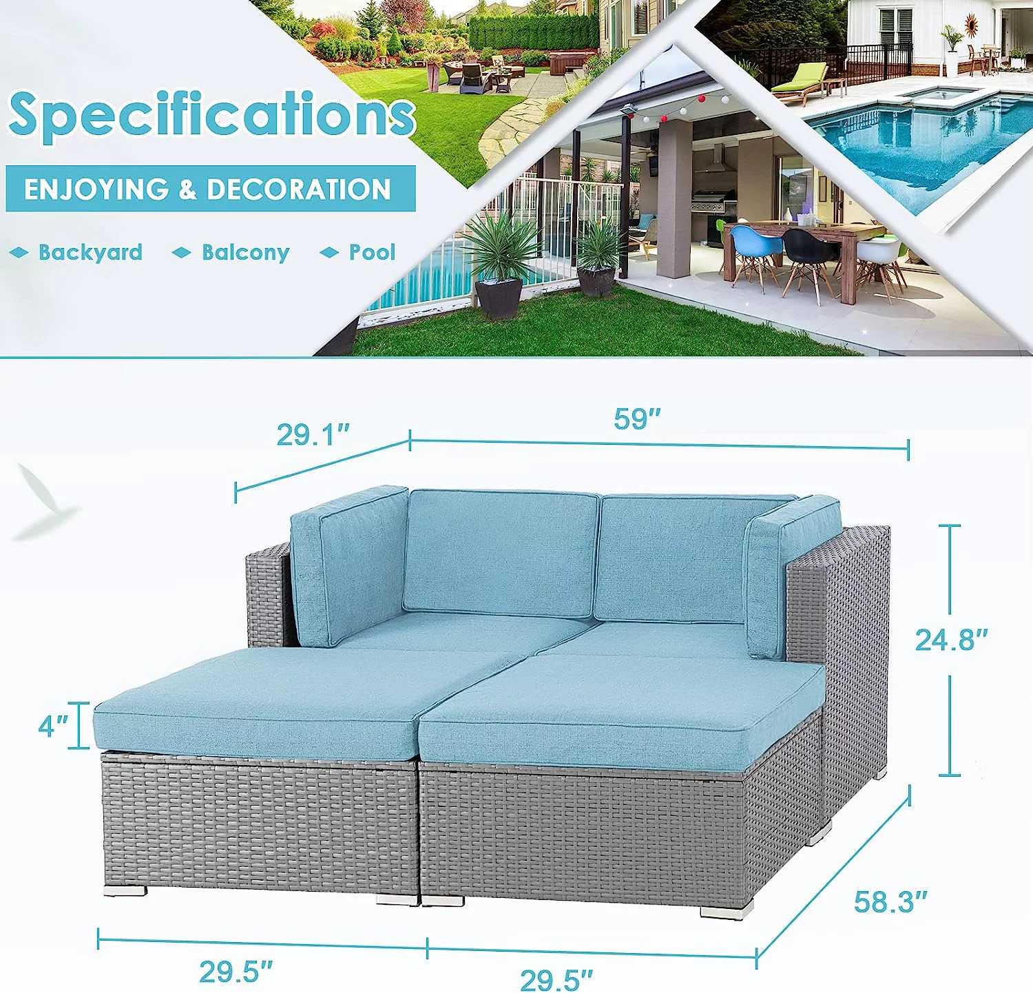 SOLAURA 4-Piece Outdoor Daybed Patio Gray Wicker Sectional Sofa Set with Light Blue Cushions