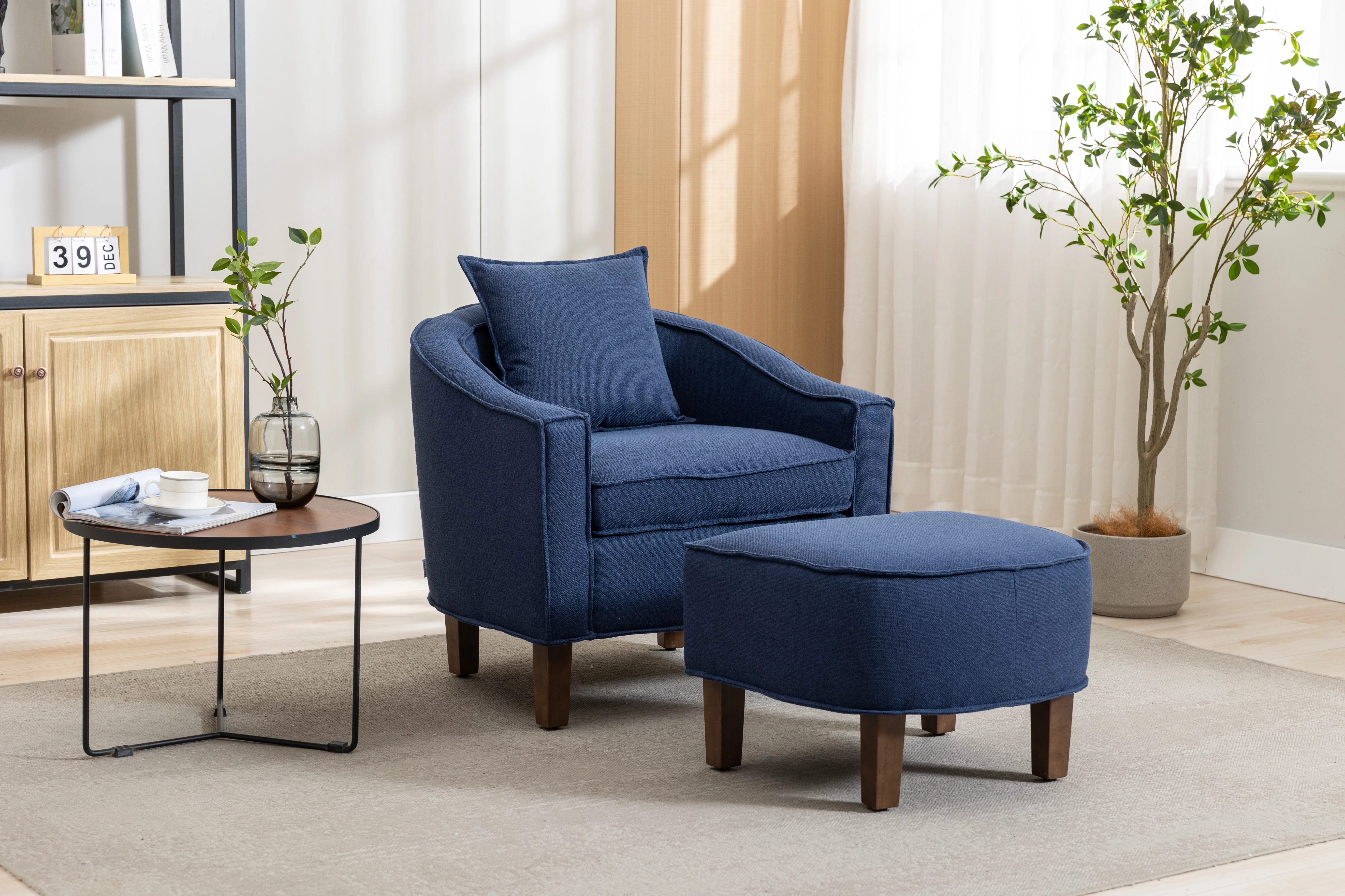 COOLMORE Accent Chair with Ottoman, Mid Century Modern Barrel Chair Upholstered Club Tub Round Arms Chair for Living Room
