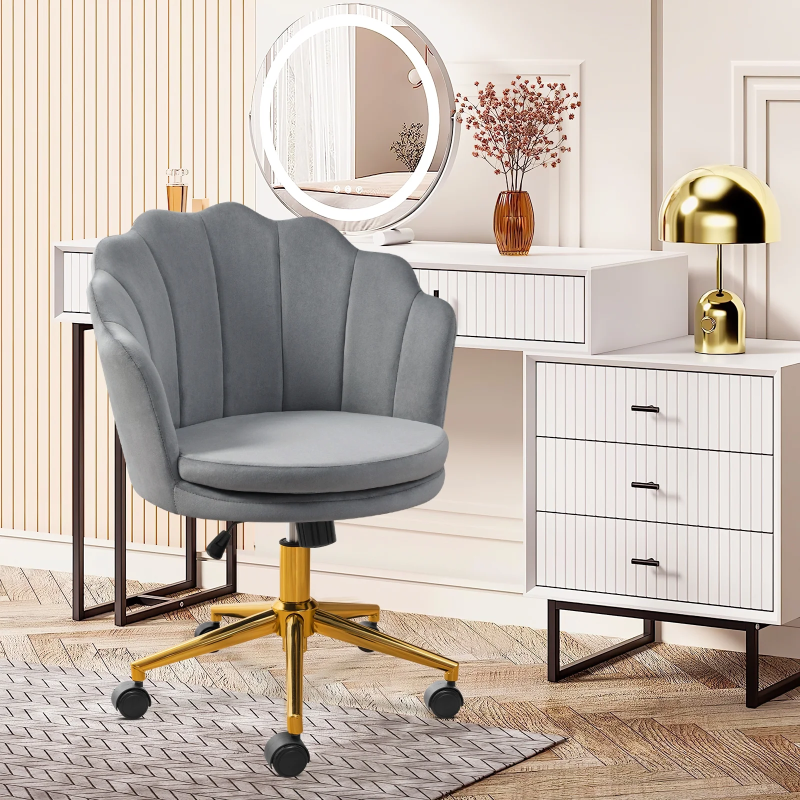 Furniliving Modern Velvet Adjustable Swivel Middle Back Office Chair, Grey