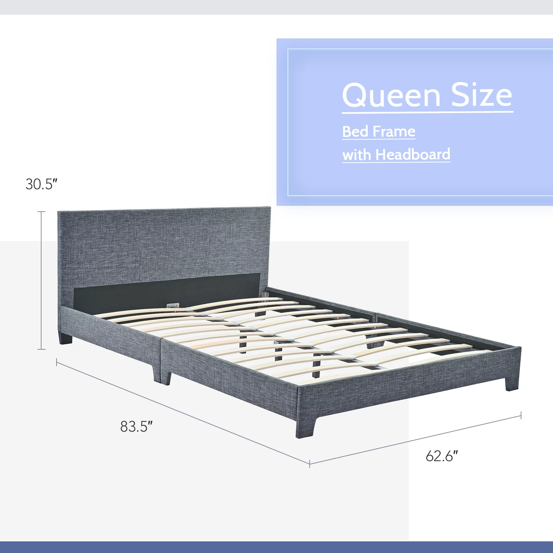 Queen Bed Frame with Headboard, Wood Slats, 9 Legs, 635 Pound Capacity, Gray