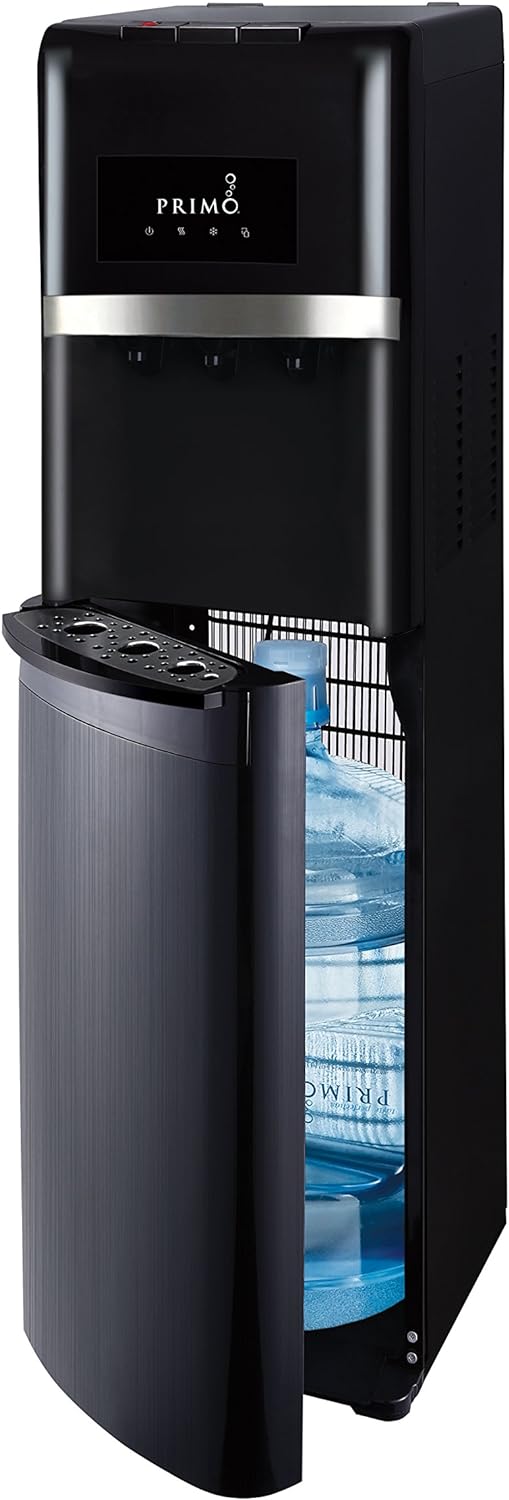 Primo Bottom Loading Self-Cleaning Water Dispenser, 3 Temp (Hot-Cool-Cold) Water Dispenser for 5 Gallon Bottle w/Child-Resistant Safety Feature, Black with Black Stainless Door