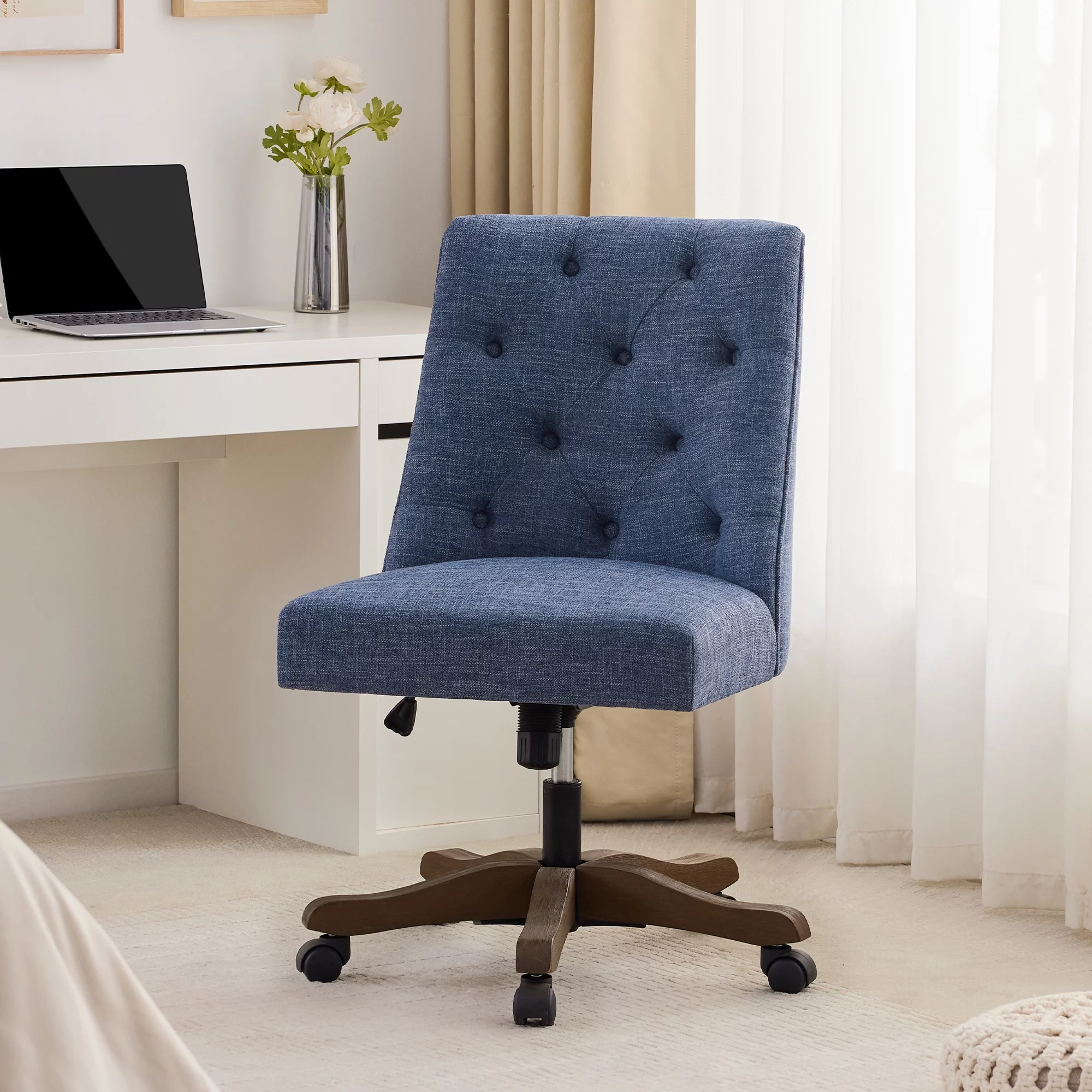 HUIMO Home Office Desk Chair with Wheels, Armless Swivel Fabric Padded Desk Chair, Modern Tufted Height Adjustable Wide Seat, Computer Task Chair, Aesthetic Vanity Chair (Blue)