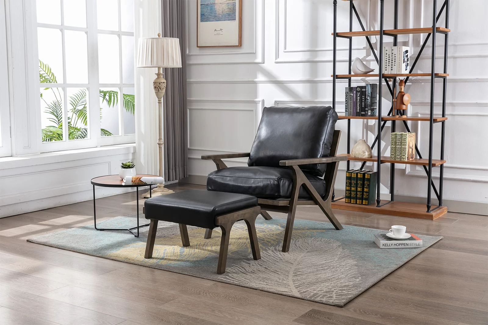 Guyou Mid Century Accent Chair and Ottoman Set, Upholstered Faux Leather Armchair Comfy Single Sofa Lounge Chair with Wooden Frame for Fireplace Bedroom Living Room Study, Black