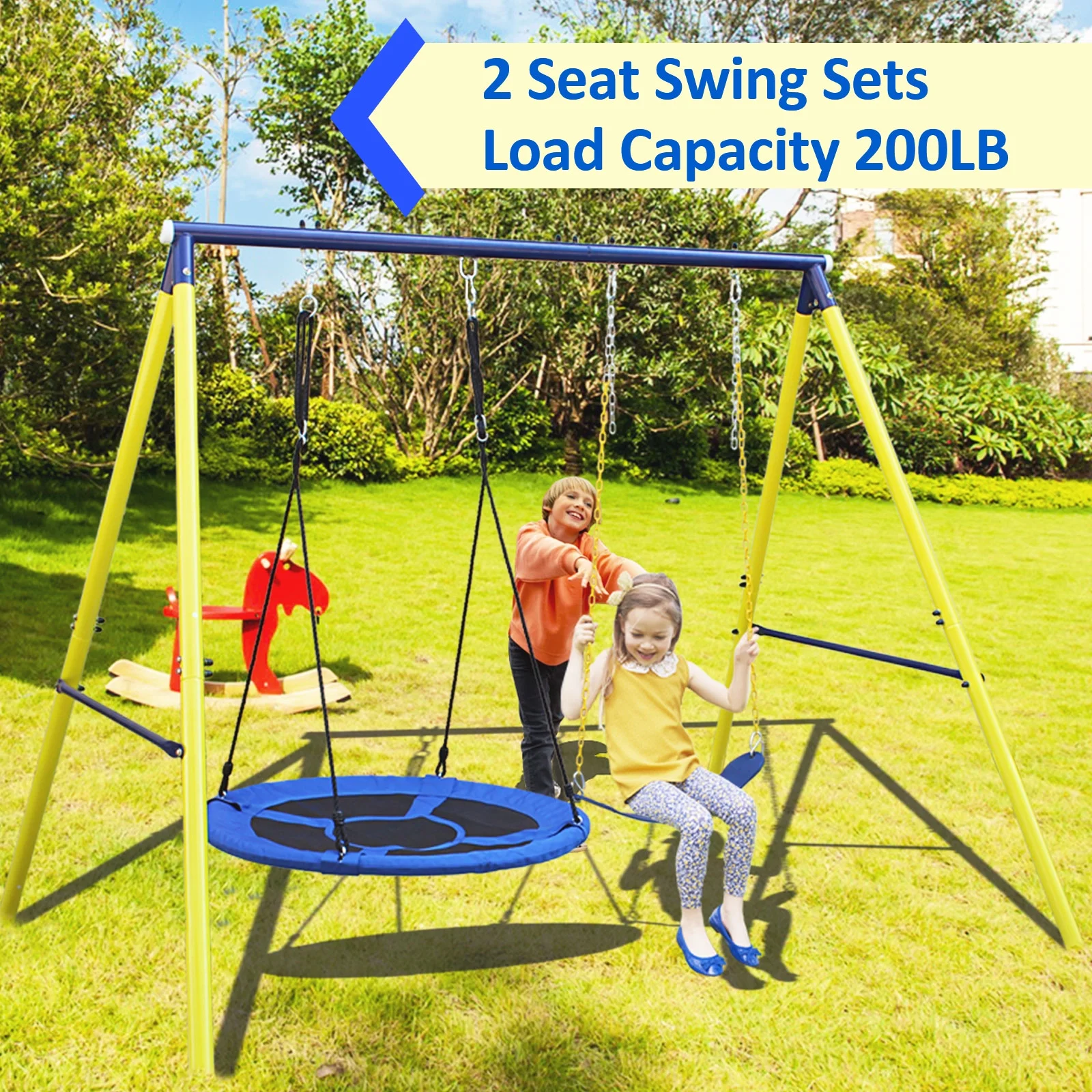 2 in 1 Swing Set for Outside, Heavy Duty A-Frame Metal Swing Set with Disc Tree Swing and Belt Swing