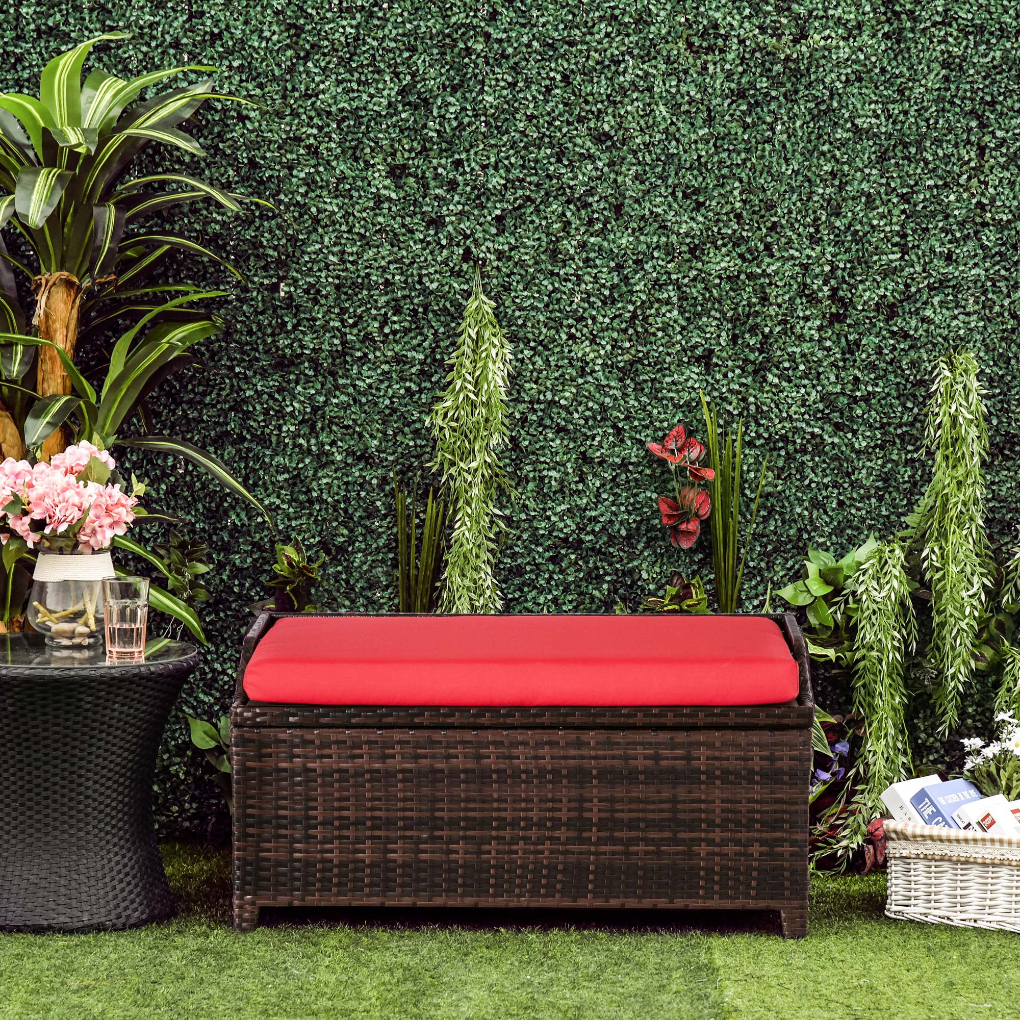 Outsunny Outdoor Wicker Storage Bench Deck Box, PE Rattan Patio Furniture Pool Storage Bin Container with Interior Waterproof Cloth Bag and Comfortable Cushion, Red