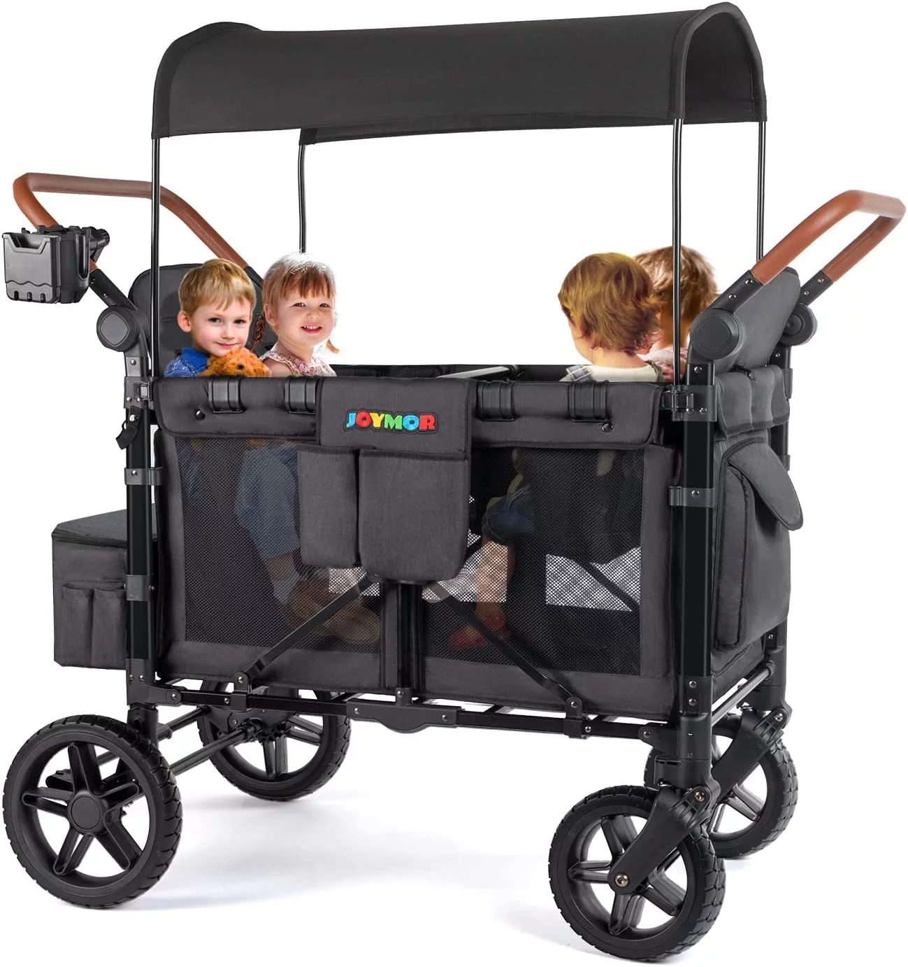 JOYMOR Stroller Wagon for 4 Kids, Luxury 4 Seater Wagon Stroller, Features Rubber Wheel,5-Point Harnesses, Double Side Handles, Adjustable/Removable UV-Protection Canopy