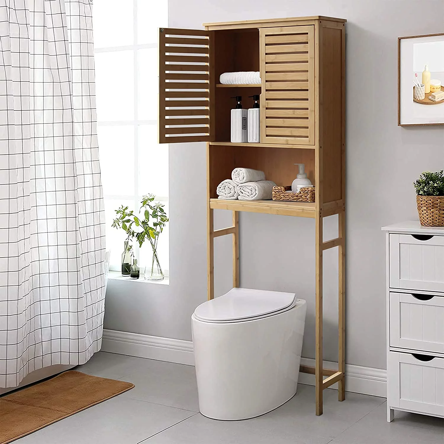 Bamboo Over-The-Toilet Storage Cabinet Bathroom Organizer with Shelf and Cupboard, Freestanding Small Over The Toliet Cabinet, Space Save, Natural, 67''H x 24''W x 9''D