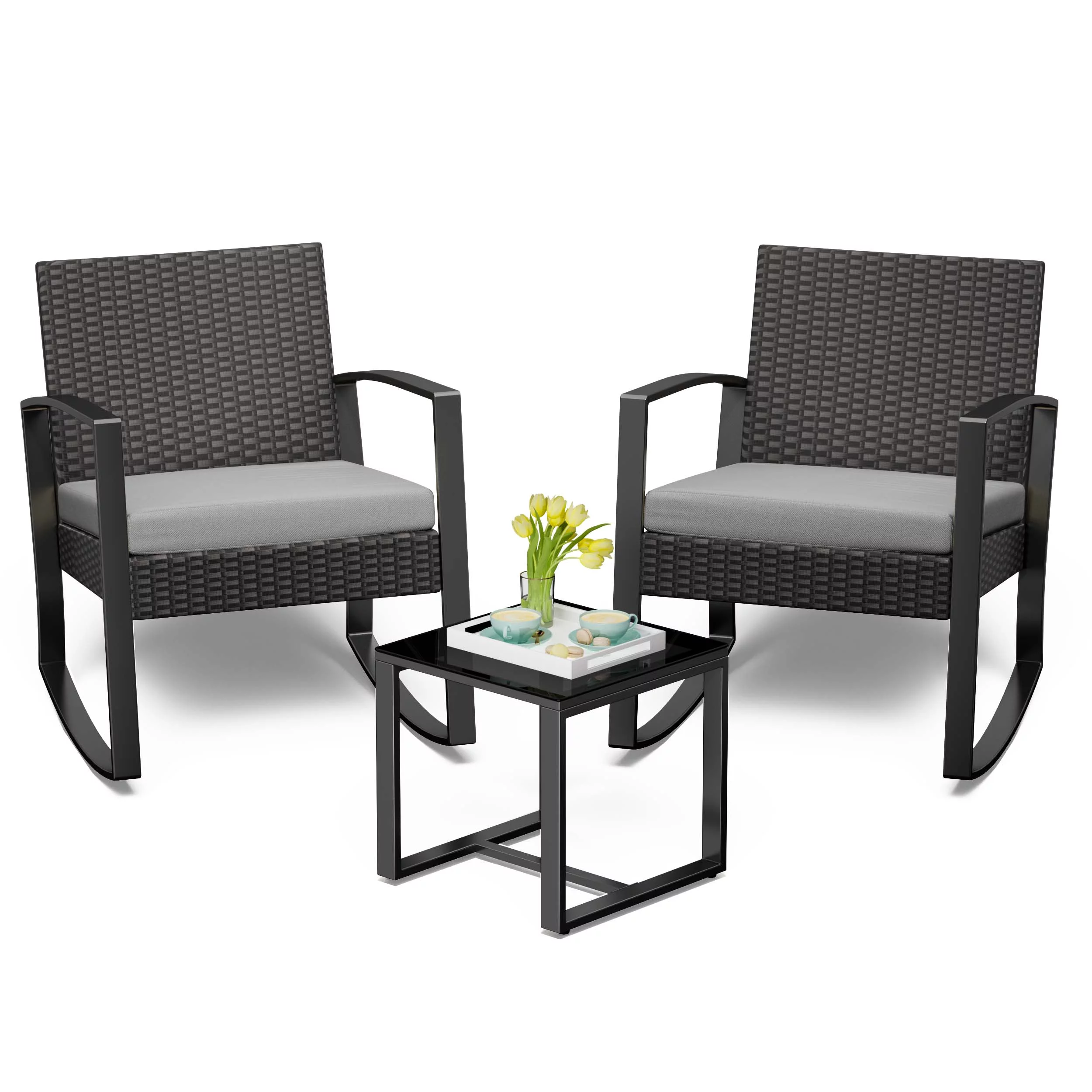 3 Pieces Wicker Patio Set Outdoor Chair Set with Glass Table Rattan Chair Modern Bistro Set for Porches and Patios, Grey Cushion