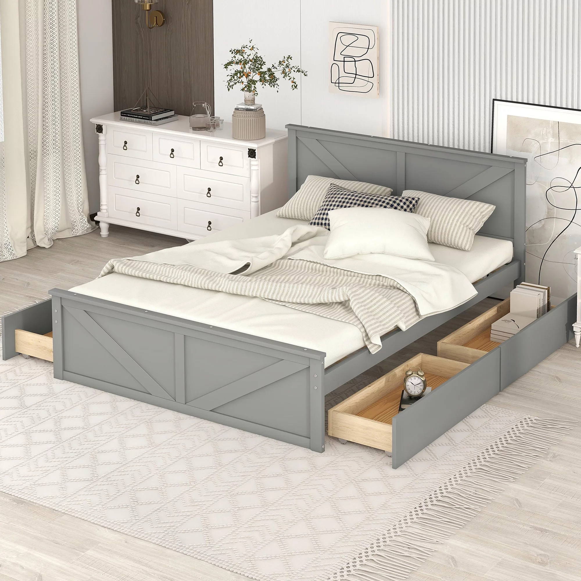 Euroco Wood Queen Size Platform Bed with 4 Storage Drawers for Kids and Adults, Solid Wood Bed Frame, Gray