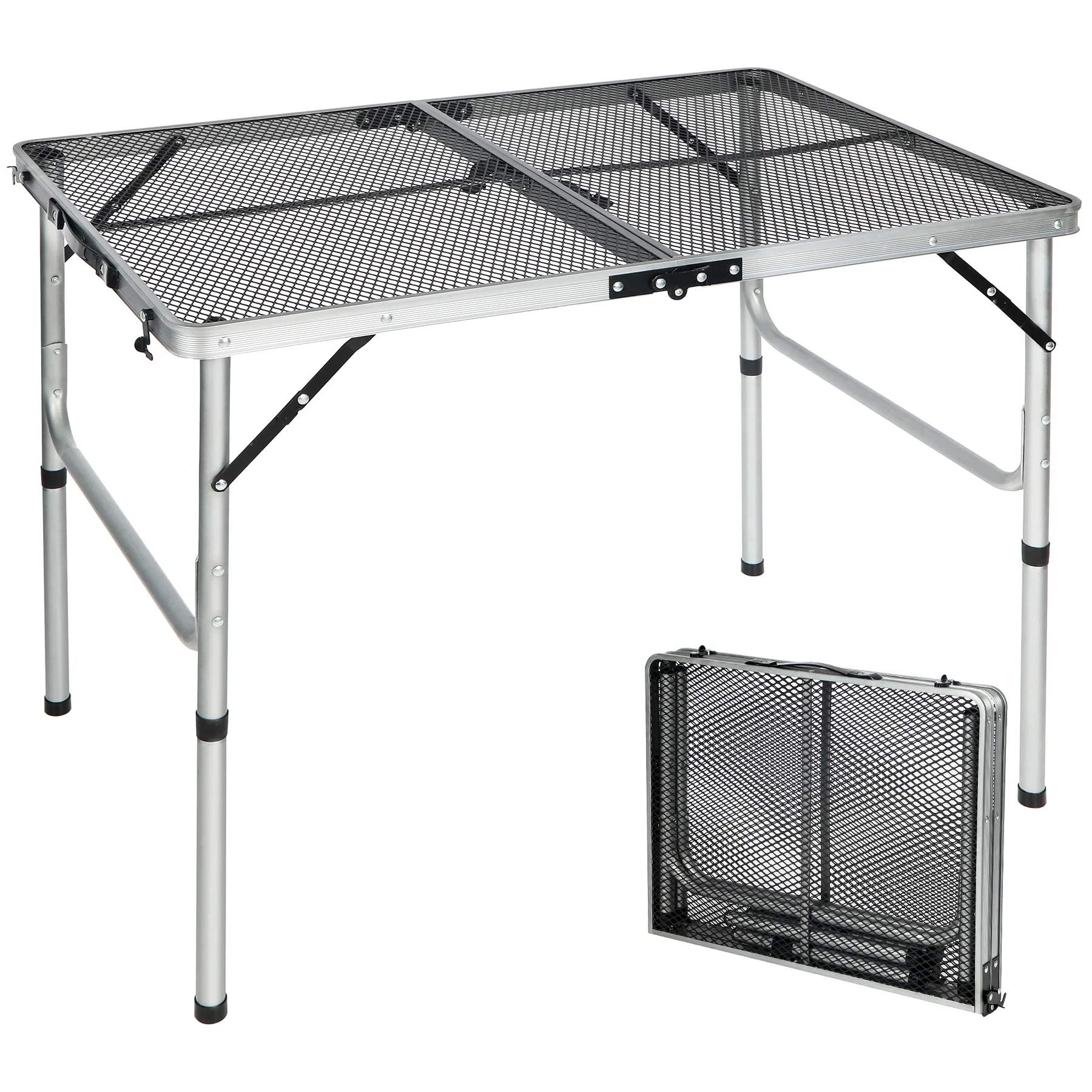 REDCAMP Folding Portable Grill Table for Camping, Lightweight Aluminum Metal Grill Stand Table with Adjustable Height Legs for Outside Cooking Outdoor BBQ RV Picnic, Silver