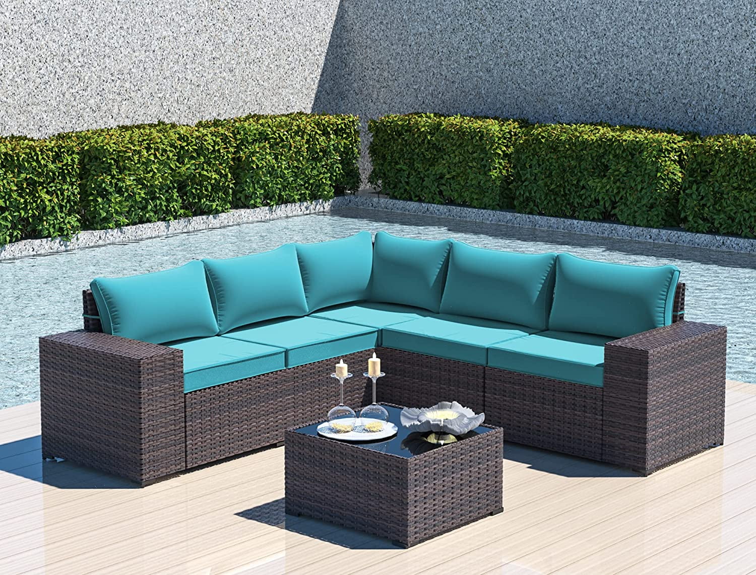 ALAULM Outdoor Patio Furniture Set, 6 Pieces Outdoor Sectional Furniture High Backrest Patio Sofa, All-Weather PE Rattan Patio Conversation Set with Coffee Table & Cushions