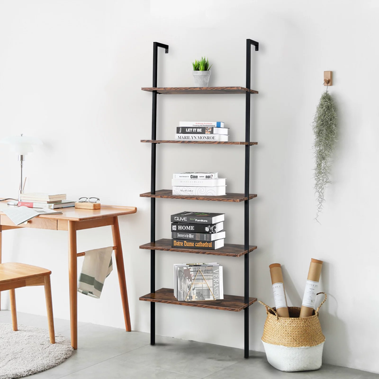 5 Tier Wall Mounted Ladder Shelf, Ladder Bookshelf with Metal Frame and Wood Shelf, Modern Learning Bookcase for Living Room, Bedroom, Office (23.6
