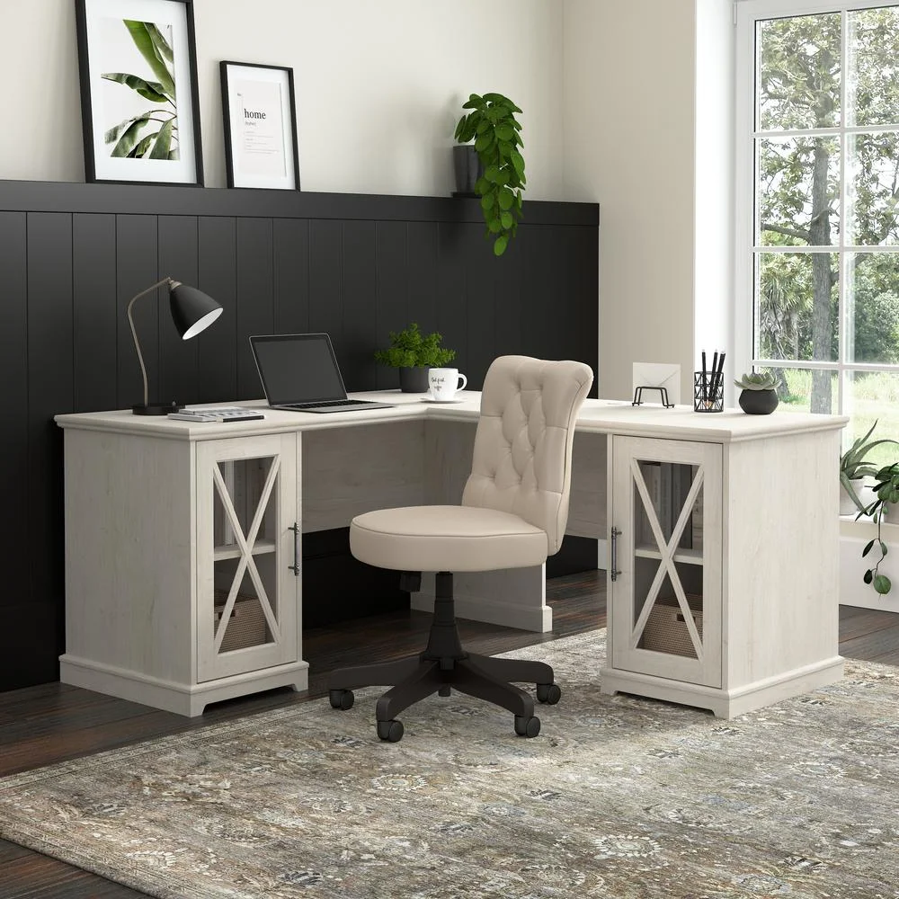 Bush Lennox Engineered Wood L-Shaped Desk in Linen White Oak