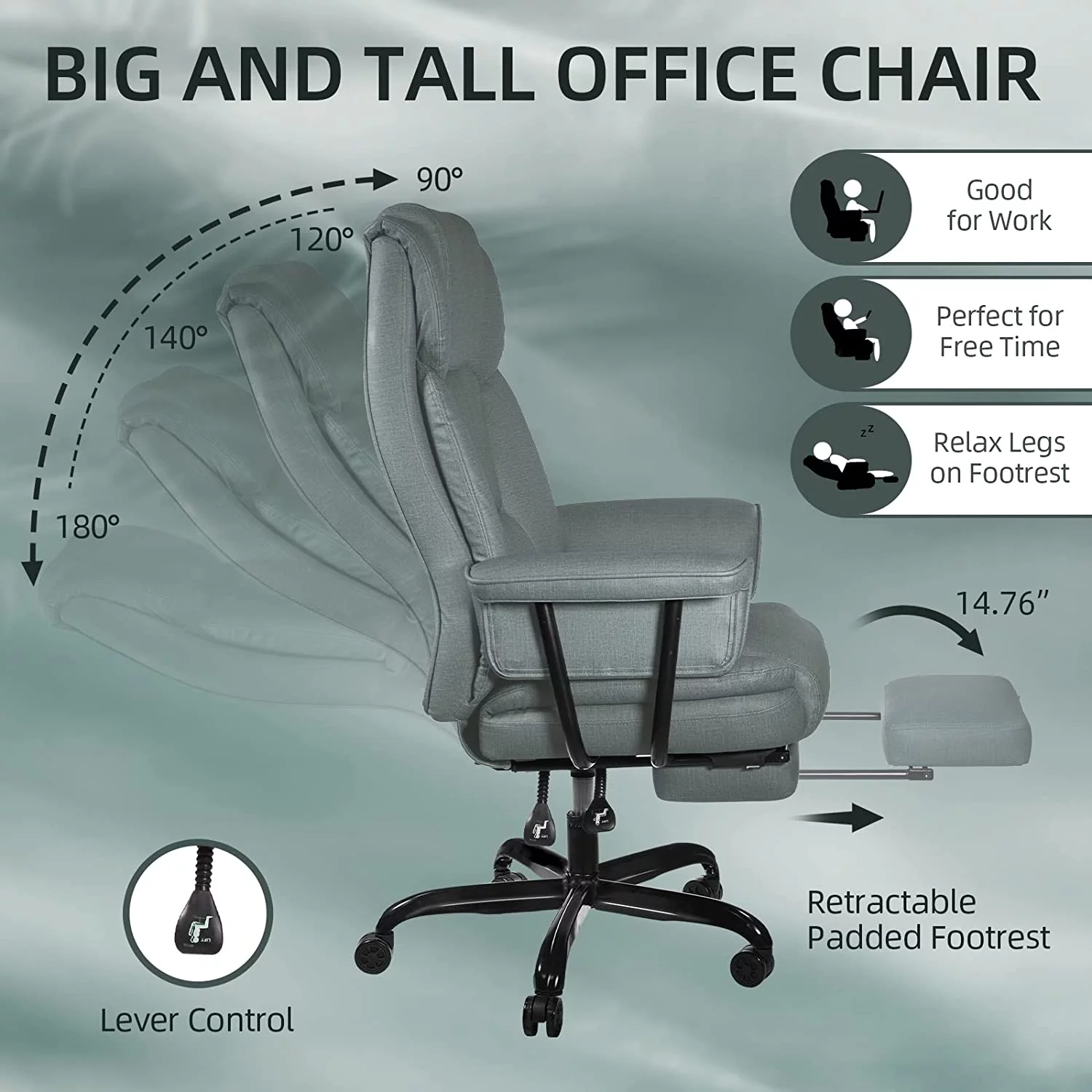 HomeZeer Office Chair High Back Sturdy Leather Chair 400lb, Ergonomic Executive Desk Chair, Gray
