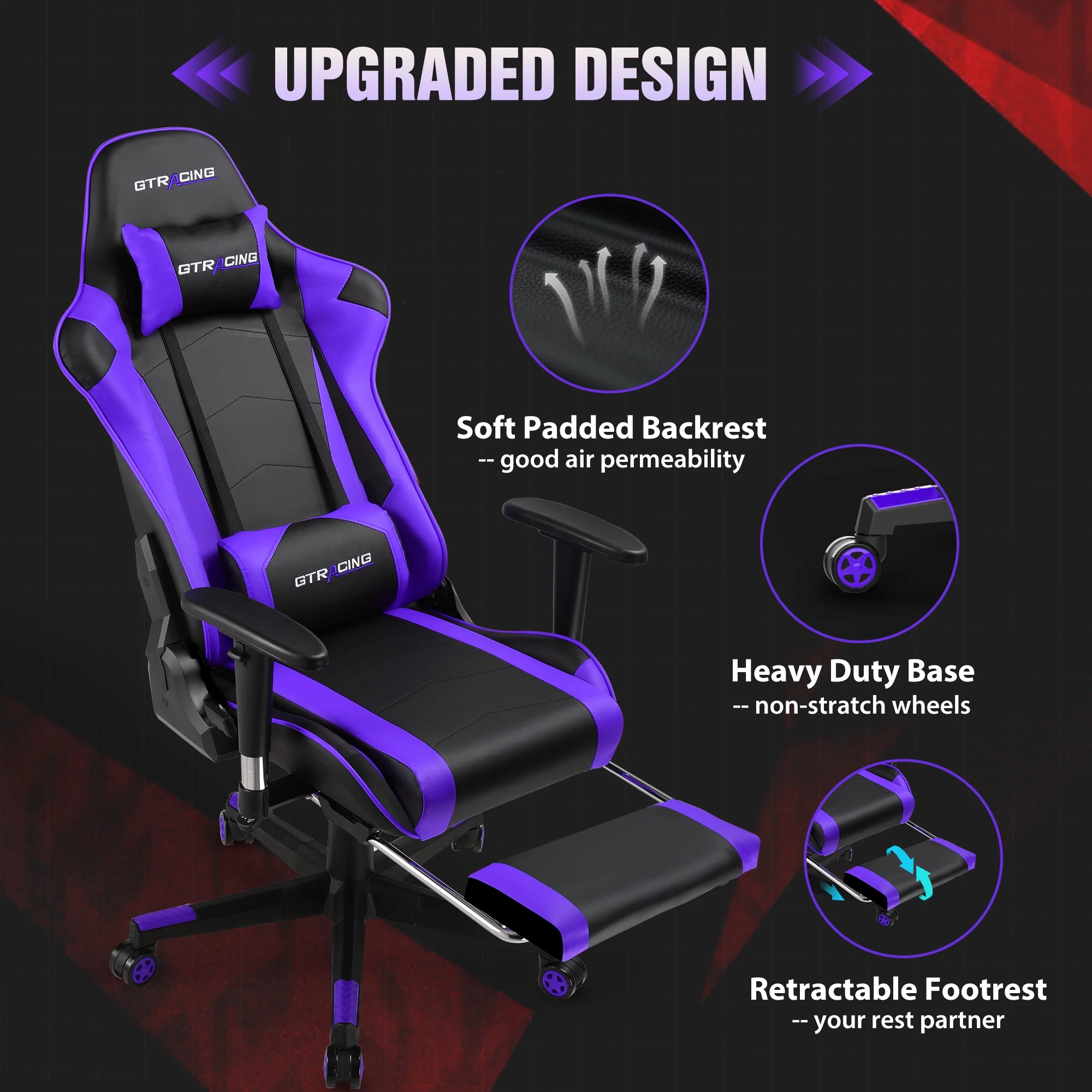 GTRACING Gaming Chair with Footrest PU Leather Office Chair with Adjustable Headrest, Purple