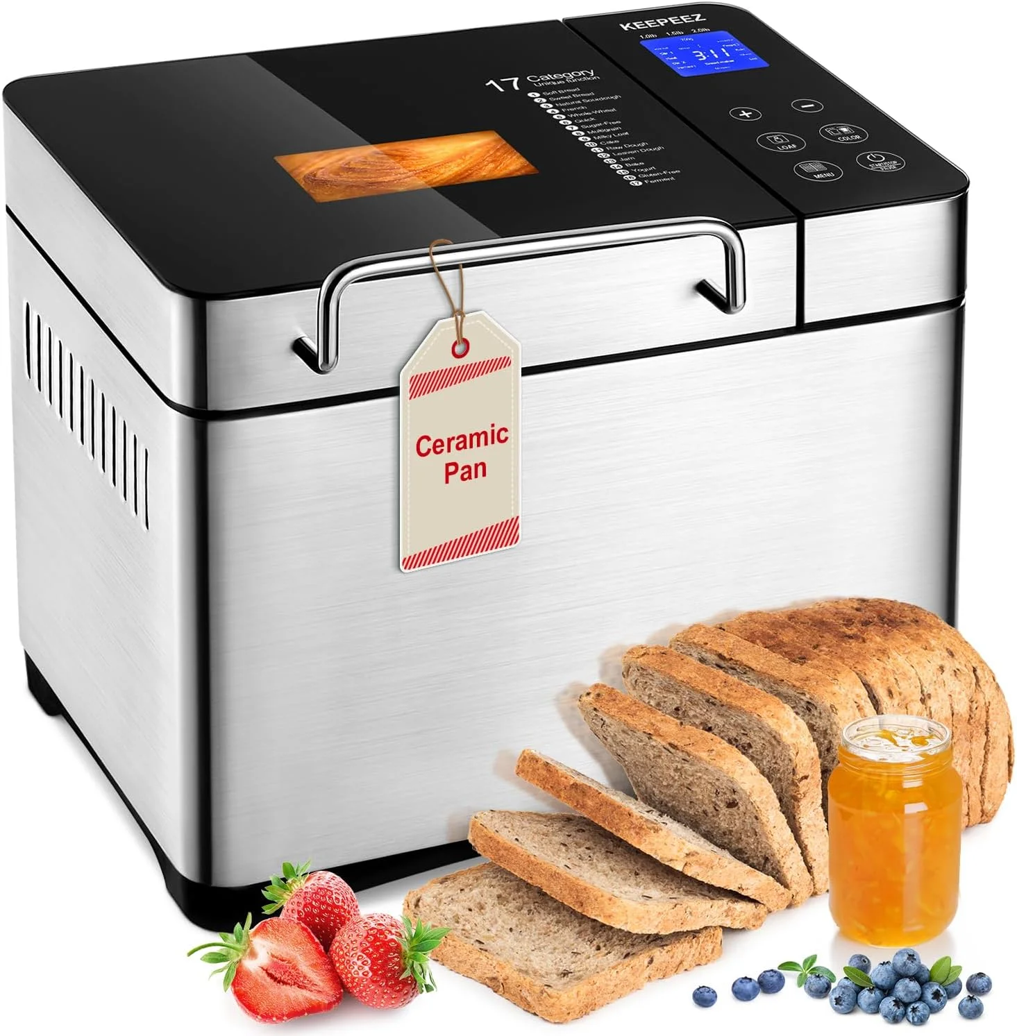 Bread Maker Machine, 2LB Premium Stainless Steel Bread Maker, 17-in-1 with Gluten Free, Jam, Yogurt, Dough, Auto Nut Dispenser, Ceramic Pan, 1Hour Keep Warm, 3 Crust Shades, 2 Paddles, Recipes