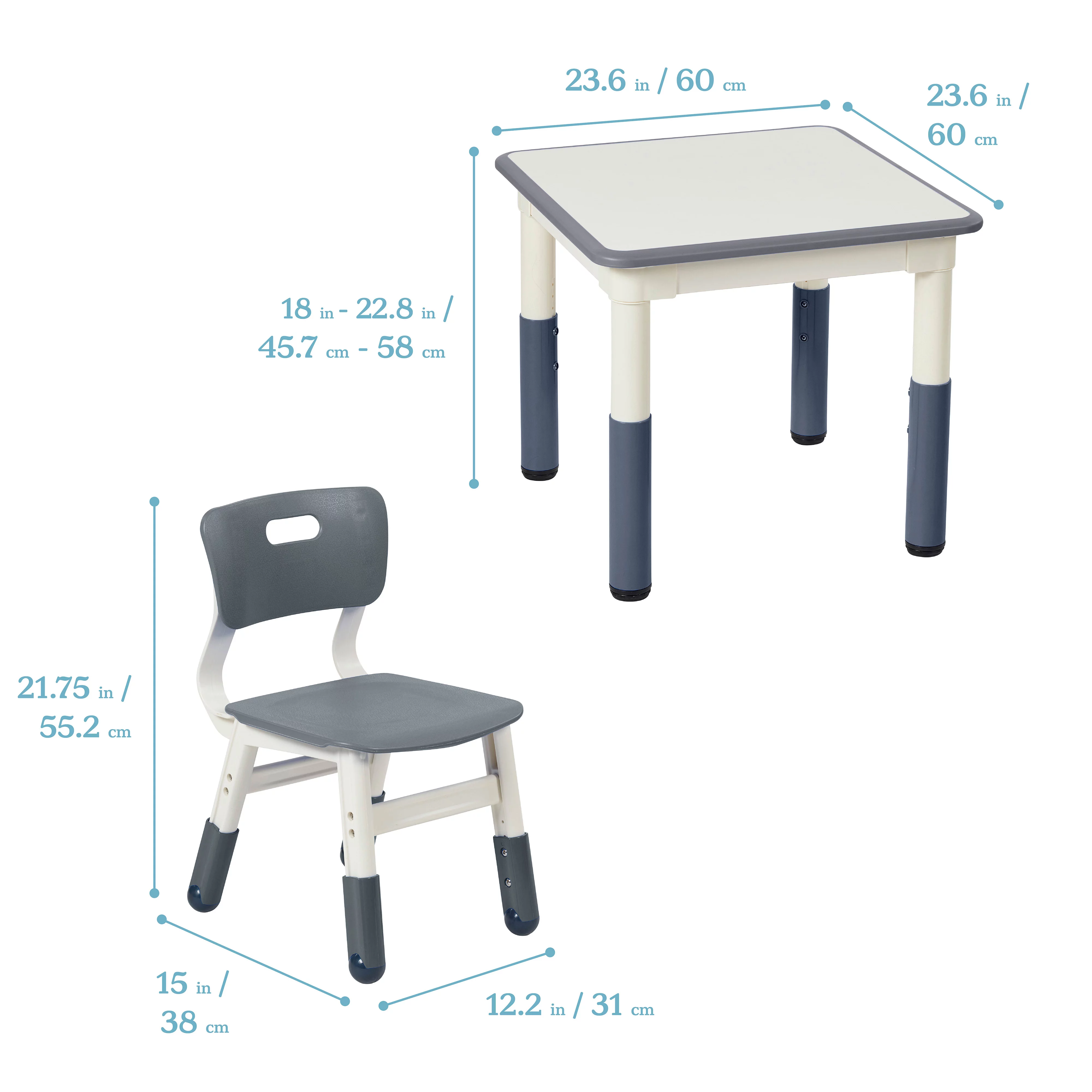 ECR4Kids Dry-Erase Square Activity Table with 2 Chairs, Adjustable, Kids Furniture, Grey, 3-Piece