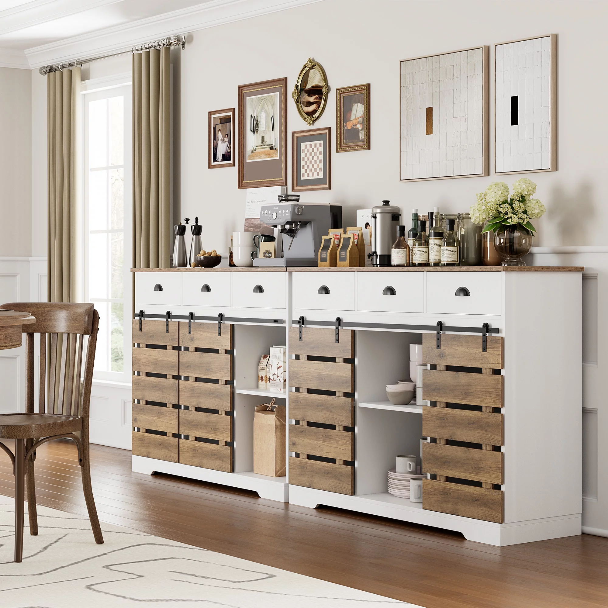 Homfa 47.2‘’ Kitchen Buffet Cabinet, 3 Drawers Farmhouse Coffee Bar Sideboard with 2 Sliding Barn Doors, White