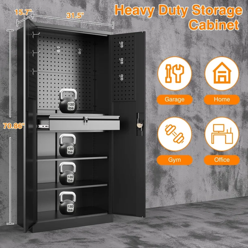 Fesbos Metal Storage Cabinet with Pegboard, Heavy Duty Garage Storage Cabinet with Adjustable Shelves and Doors, Lockable Steel Storage Cabinet with Drawer