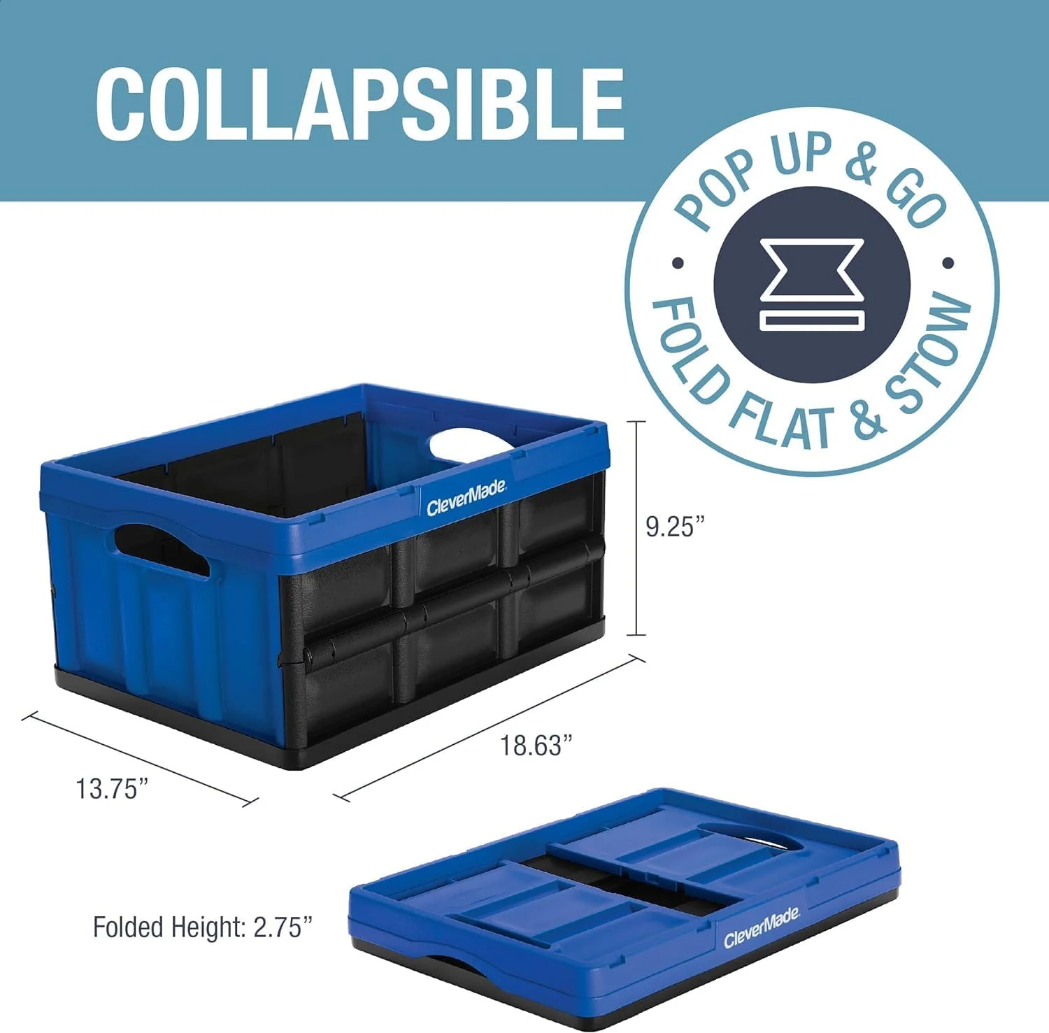 CleverMade Collapsible Storage Bin, No Lid, 32L Royal Blue, 3 Pack