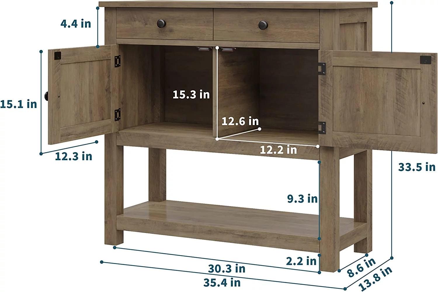Farmhouse Console Table with 2-Door Cabinet & 2 Drawers, Coffee Bar, Entryway Table with Storage Shelf, Sofa Tables Buffet Sideboard for Kitchen, Hallway, Dining, Living Room, Rustic Brown