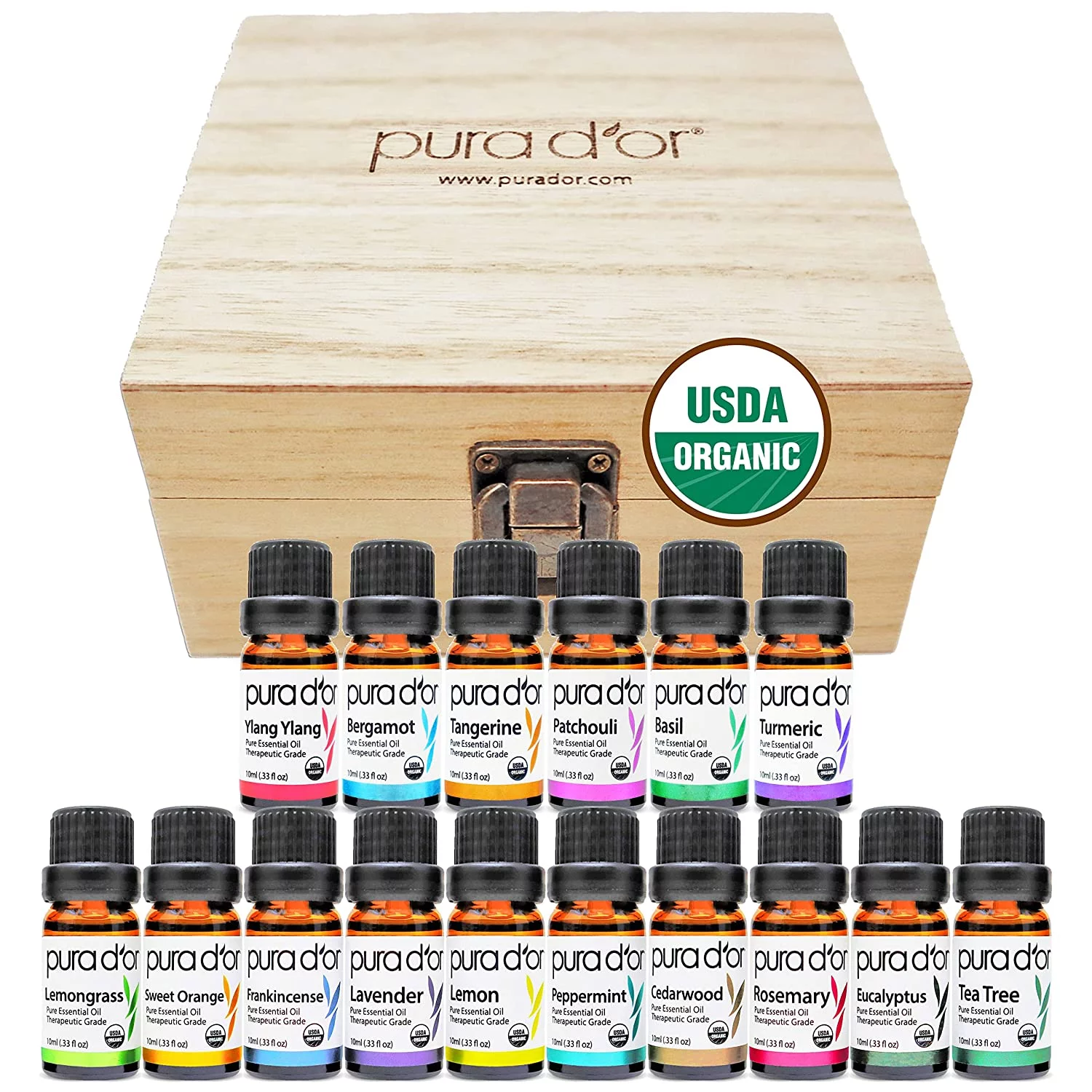 PURA D'OR Sweet16 Essential Oil Wood Box Gift Set 10mL x16 USDA Organic, 100% Pure Therapeutic (Lavender-Cedarwood-Rosemary-Eucalyptus-Lemon-Patchouli-Basil-Peppermint-Tea Tree-Bergamot-Ylang Ylang +)