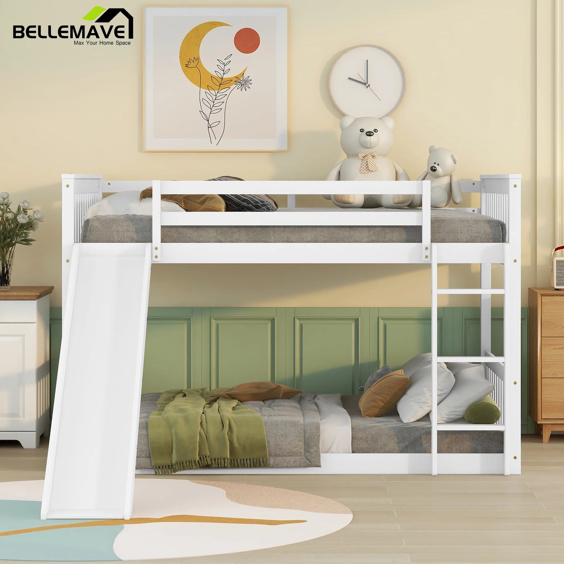 Bellemave Full over Full Bunk Bed with Slide Wood Full Size Loft Bed Frame with Safety Guardrails and Ladder 2 in 1 Low Floor Bunk Bed For Boys and Girls, White