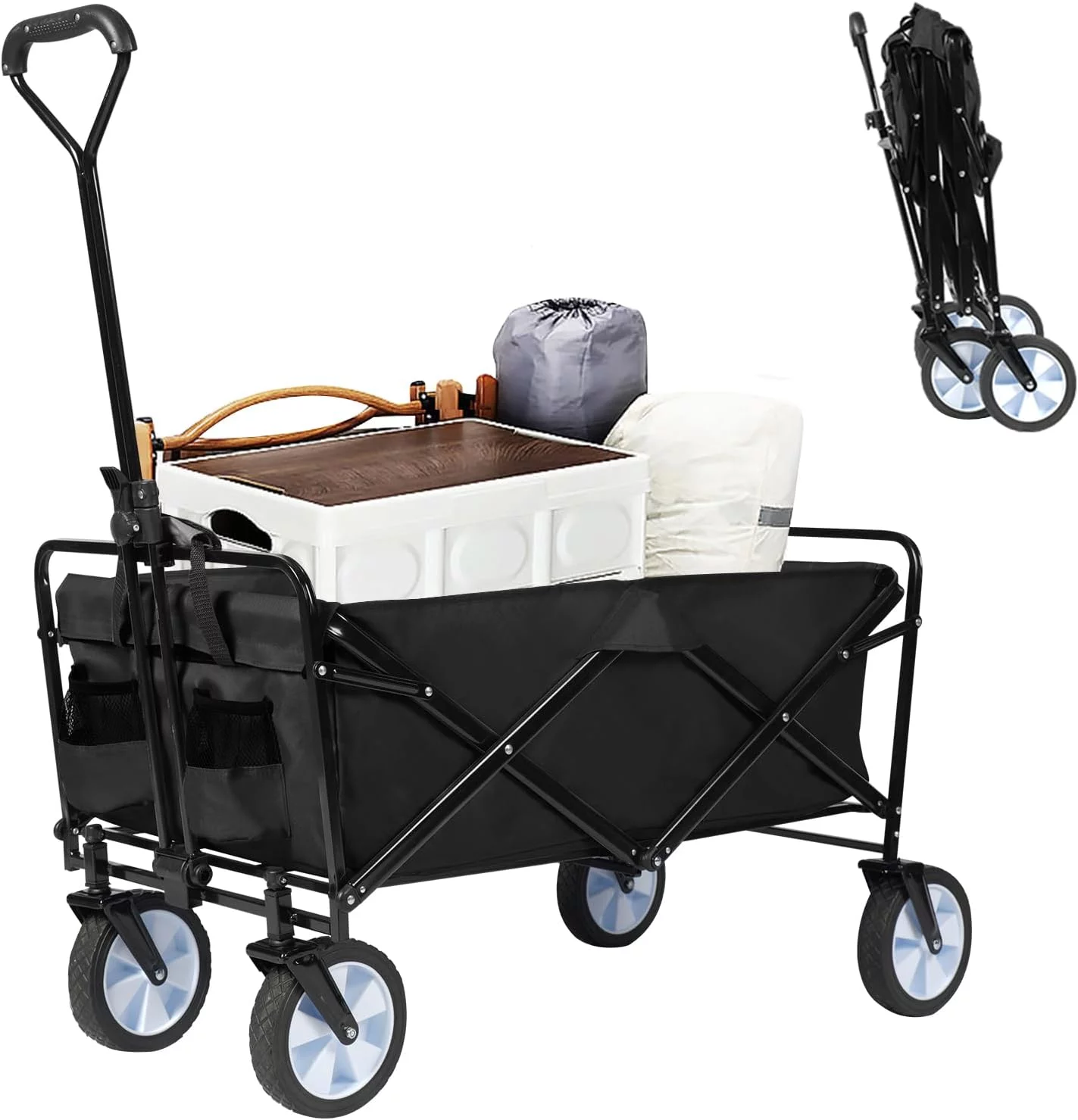 Folding Wagon Cart with wheels foldable Collapsible Wagon Heavy Duty Beach Wagon Utility Garden Cart for Beach Sports Shopping Camping Outdoor,Black