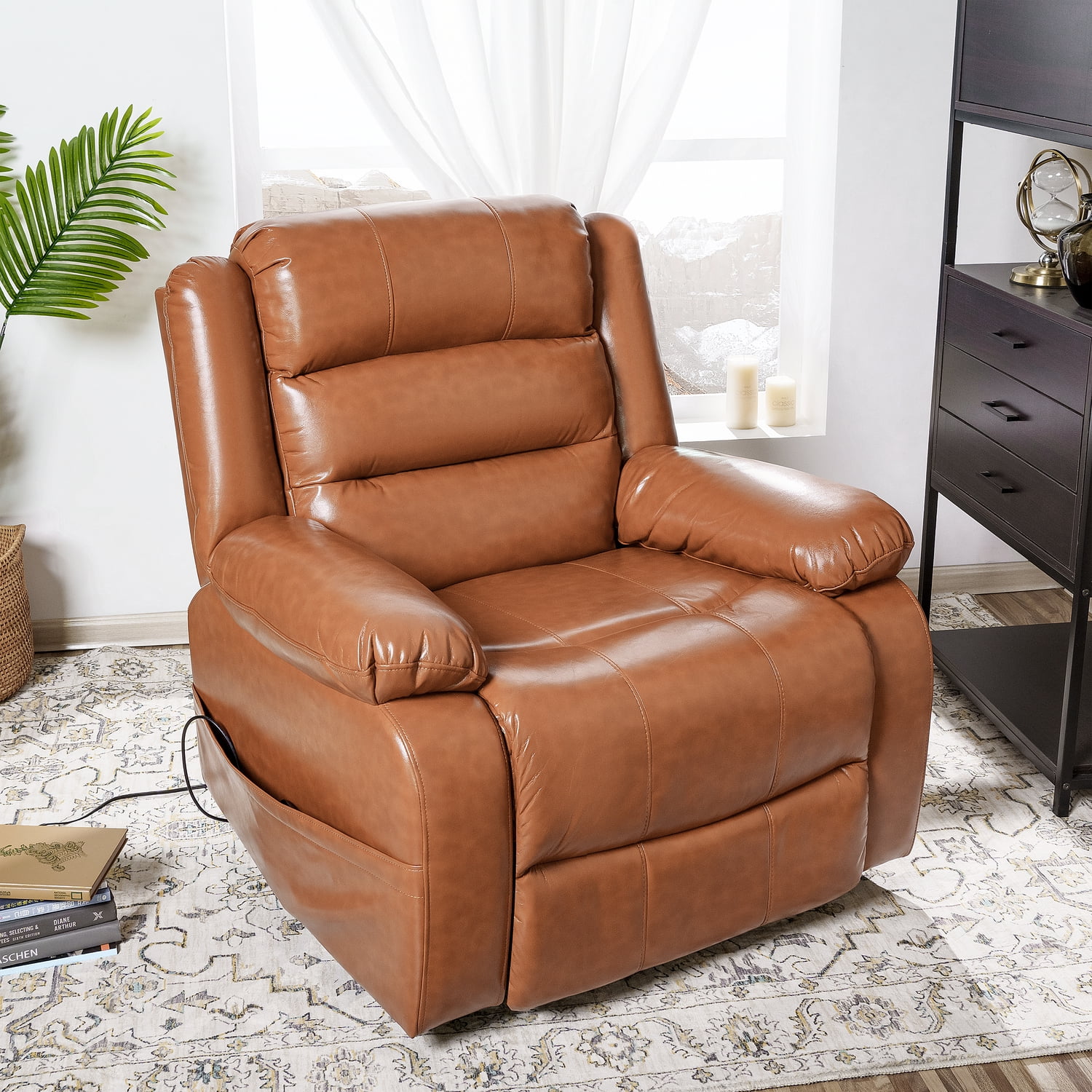 Whitney Deluxe Adjustable Power Lift Recliner Chair for Elderly, Faux Leather Electric Recliner, Split-Back Chair- Caramel