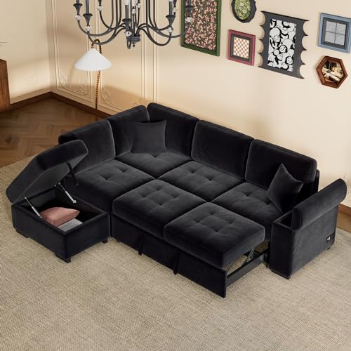 Merax Sofa Bed Sleeper Couch L Shaped Sofa with Pillows and USB Ports, L-Shape Sectional Couch with Comfortable Backrest and Power Sockets for Living Room and Small Apartment (Navy Blue)