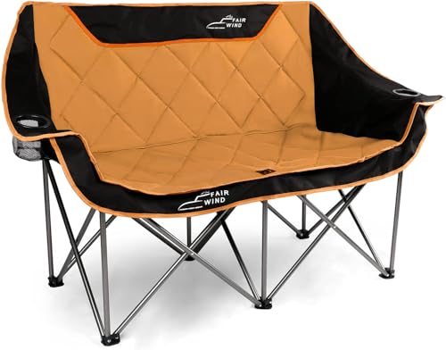 FAIR WIND Oversized Fully Padded Camping Chair Folding Loveseat Camping Couch Double Duo Chair Heavy Duty Quad Fold Chair Arm Chair with Cup Hold - Supports 650 LBS Black