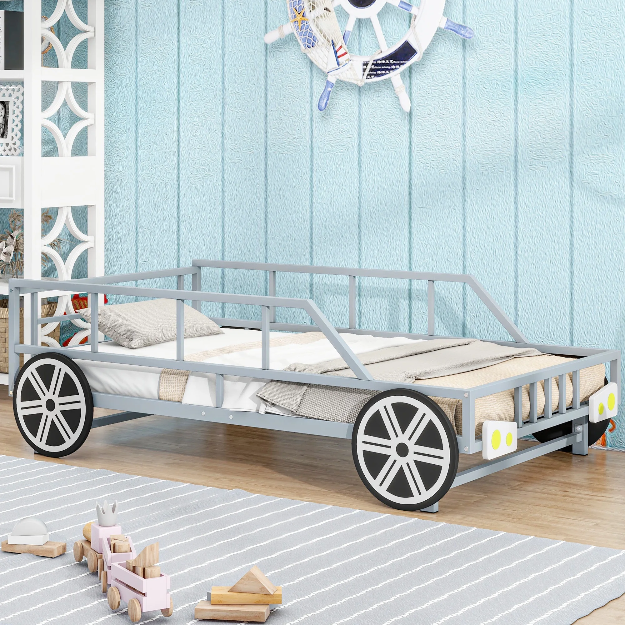 Euroco Metal Twin Size Car-Shaped Platform Bed with Tires, Lower Profile Metal Bed for Kids Bedroom, Silver