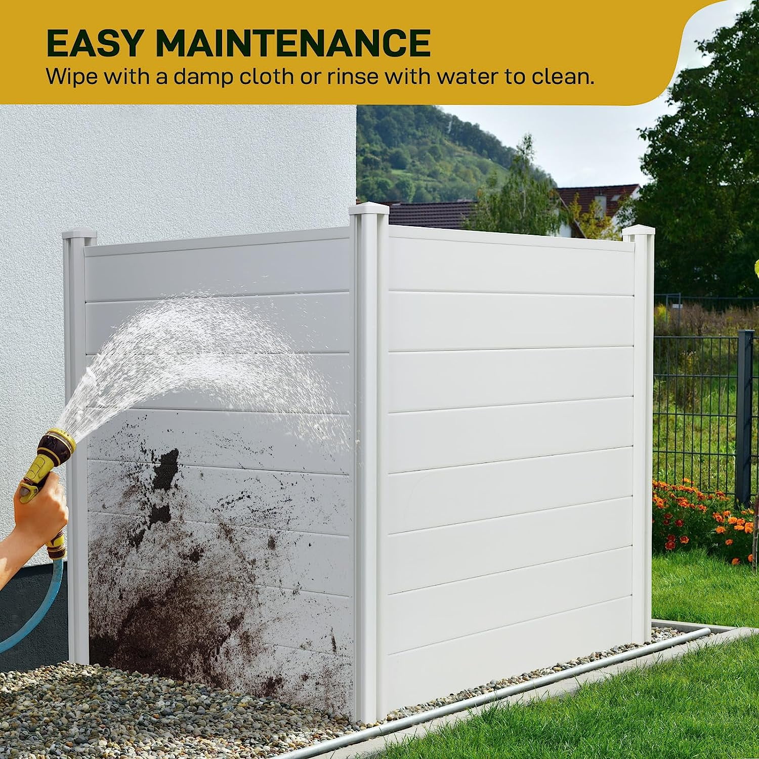 LAZY BUDDY 48''x47.2'' Outdoor Privacy Screen, 2 Panels Vinyl Air Conditioner Fence with 3 Metal Stakes, Privacy Fence Enclosure for Trash Can