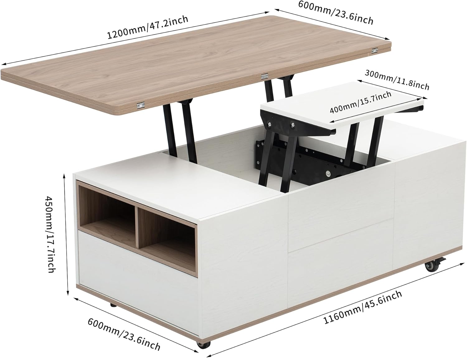 Merax Lift Top Coffee Tables for Living Room,with Storage Shelf Fixable Wheels Hidden Compartment Extendable Desktop 3 Drawers, Walnut/White
