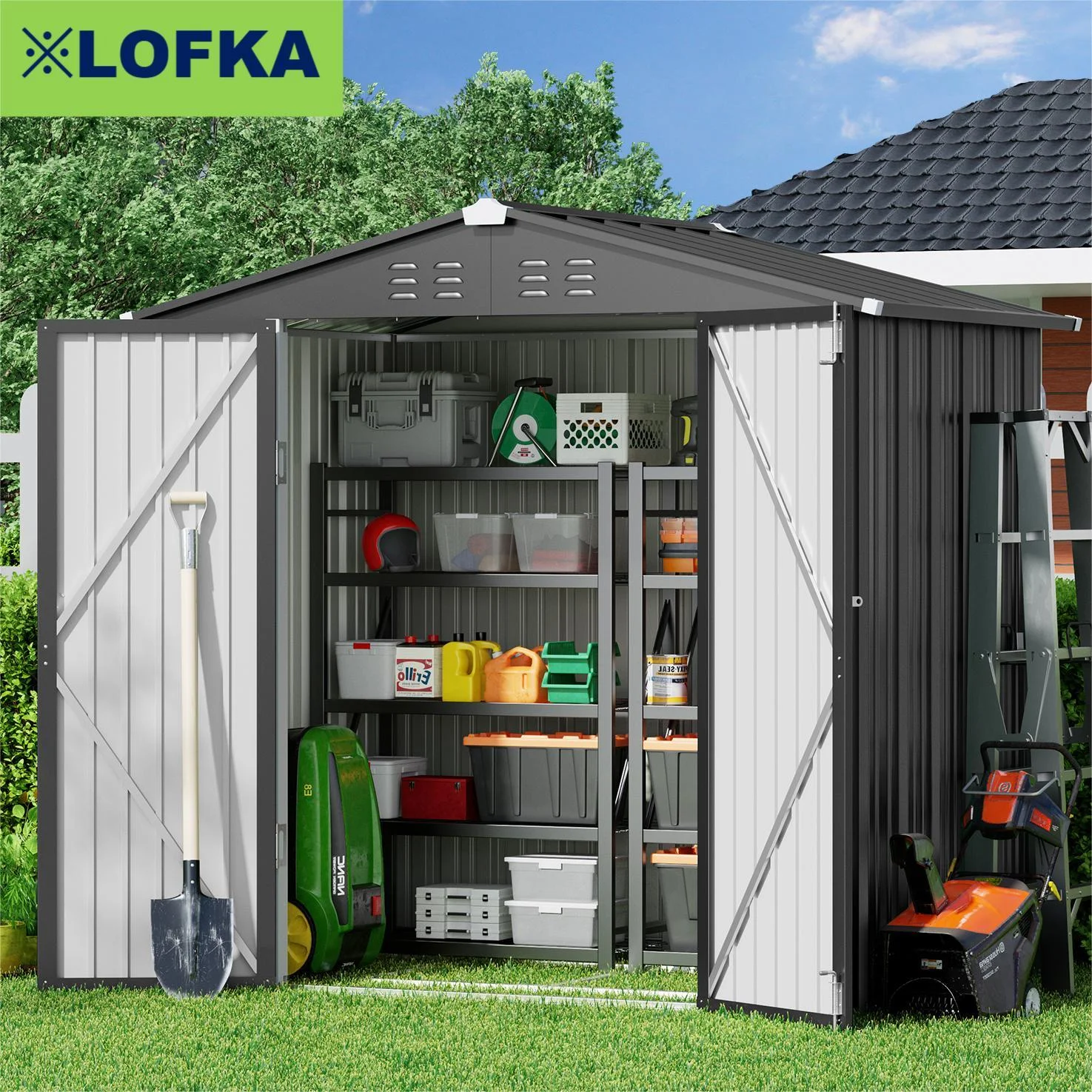 6' x 4' Outdoor Storage Shed with Base Frame, Lofka Anti-Corrosion Metal Garden Shed, Dark Gray
