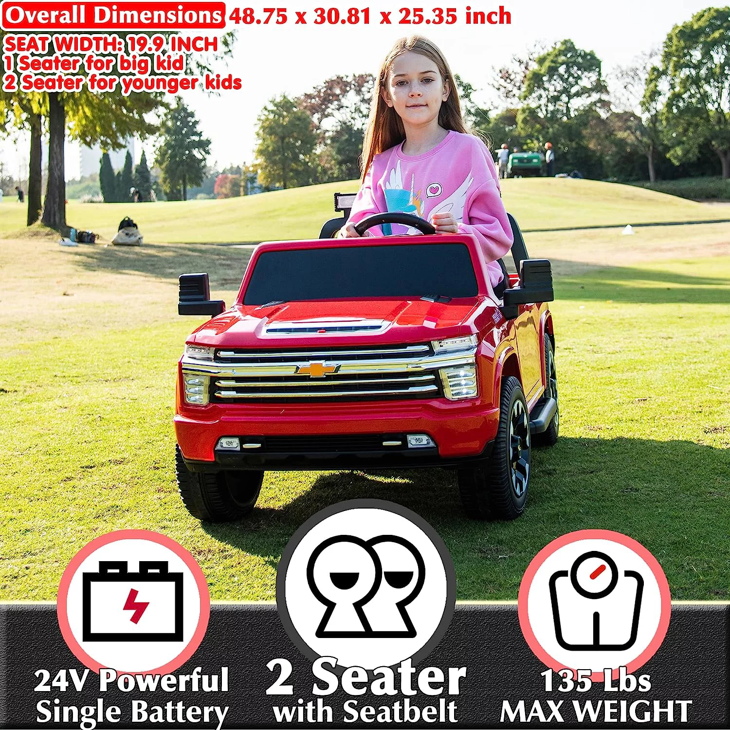 NEWWARE 24V Kids Ride on Car,Licensed Silverado HD 2 Seater Electric Car for Boys Girls,Kids 24V 2 Seater Ride On Car with Remote Control,24V Ride on Truck,Music,ABC,Electric Vehicle,Red