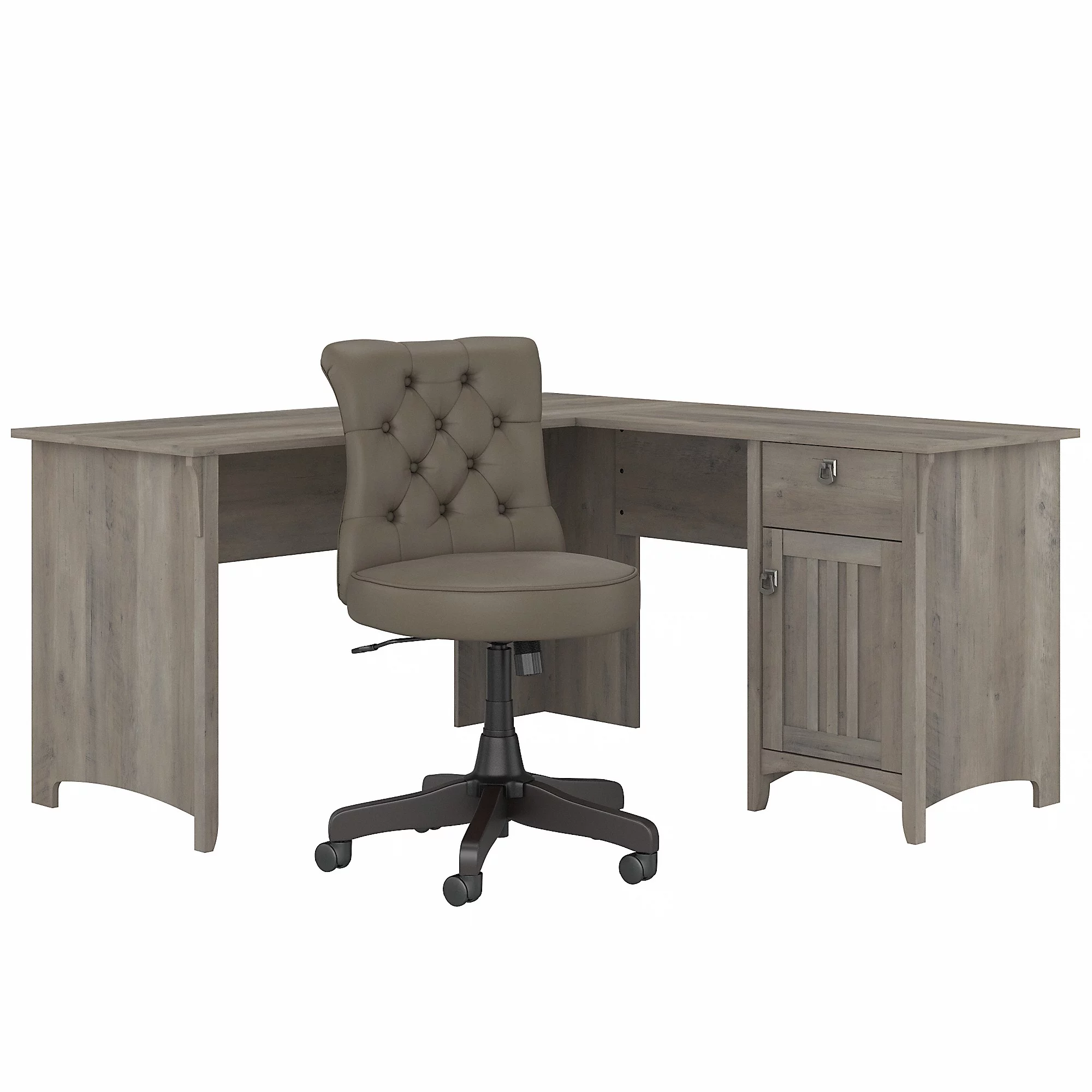 Bush Furniture Salinas 60W L Shaped Desk Set with Mid Back Tufted Office Chair in Driftwood Gray (Ships in 2 boxes)
