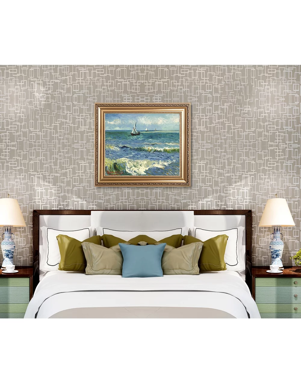 DECORARTS - The Sea at Les Saintes-Maries-de-la-Mer - Vincent Van Gogh. Giclee Print on Canvas with matching Golden-relief Framed Wall Art. Total with Framed size: 30x26