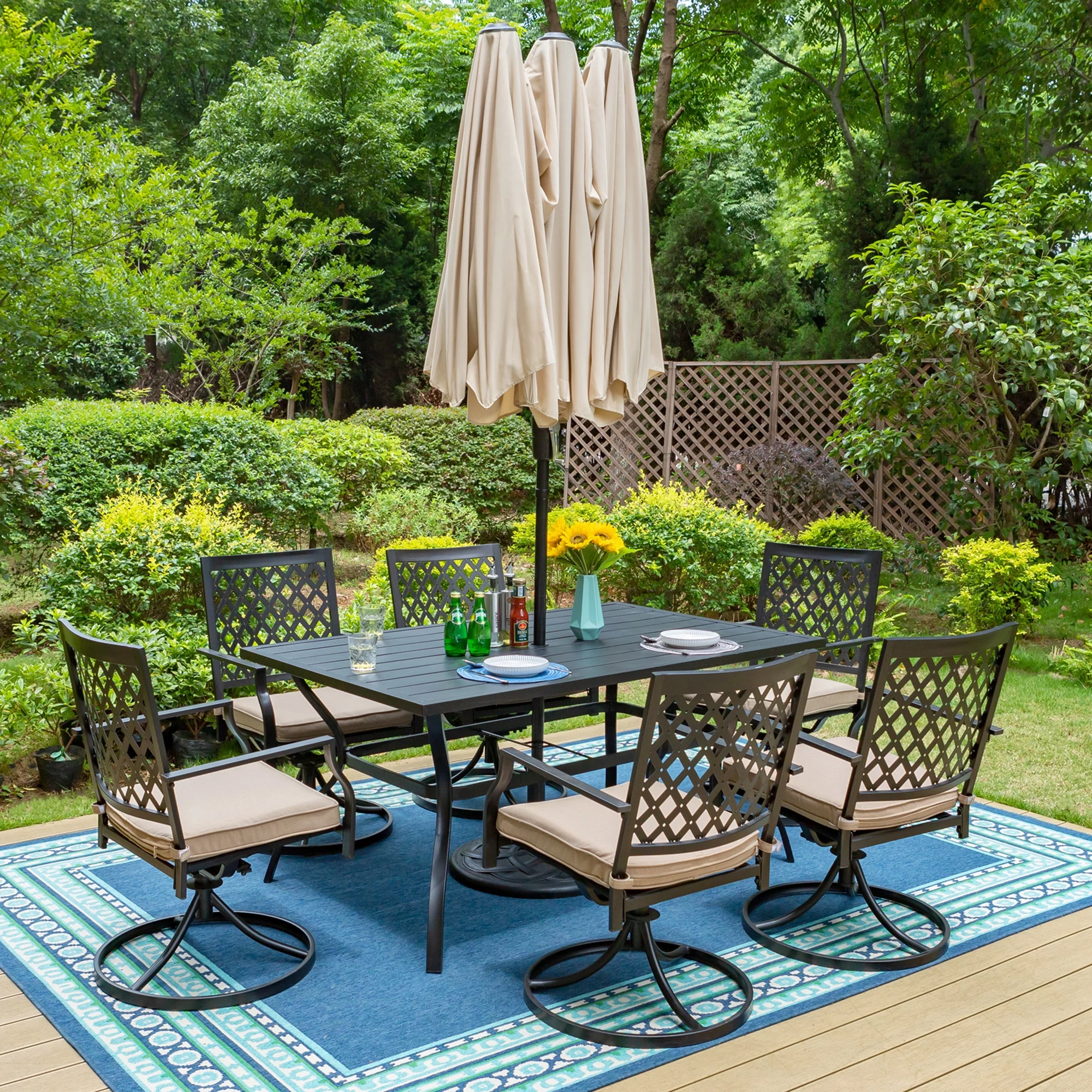 MF Studio 8-Piece Outdoor Dining Set with 13 ft Umbrella, Six Swivel Cushioned Chairs & Table for 6-Person, All-Weather Patio Furniture, Black & Beige
